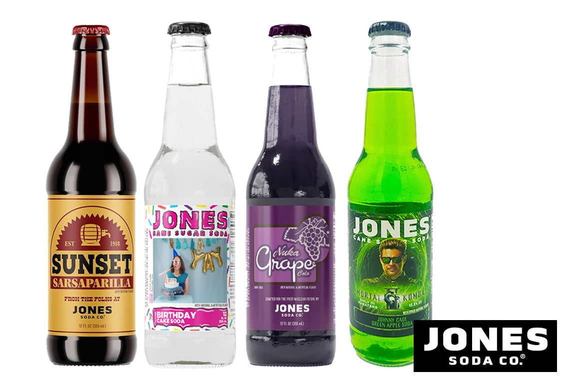 Jones Soda lineup - Sunset Sarsaparilla, Birthday Cake, Nuka Grape, Johnny Cage Green Apple