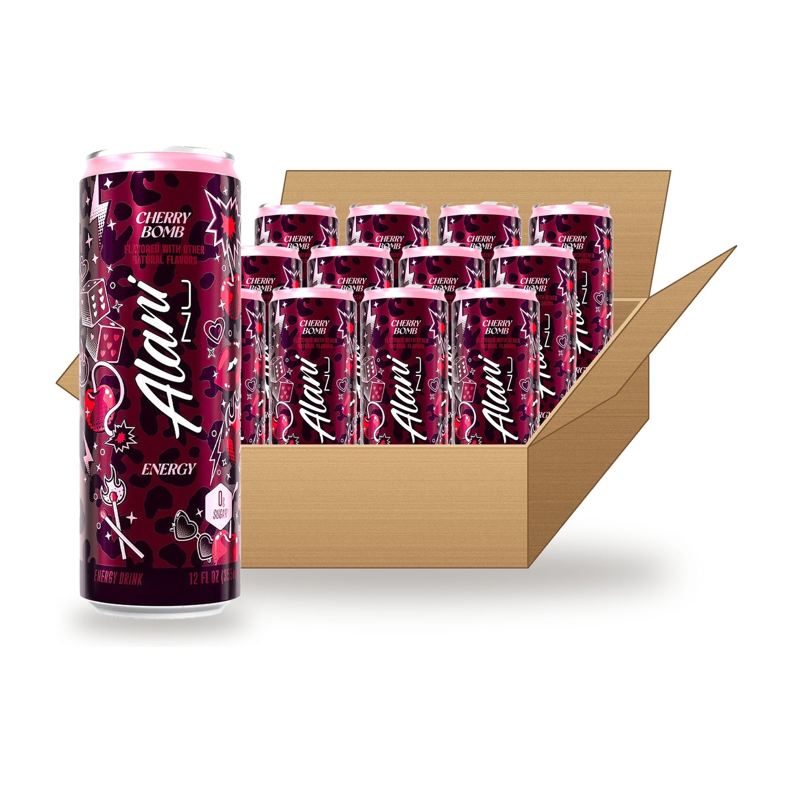 Alani Nu Energy Drink Cherry Bomb 12 oz Case: one can in front of an open case