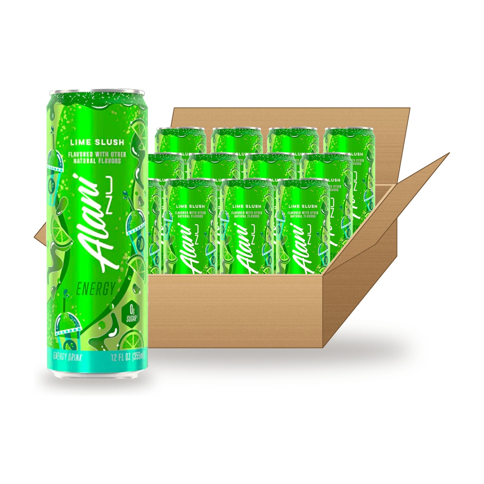 Alani Nu Energy Drink Lime Slush 12 oz, 12 Pack: one can in front of an open case