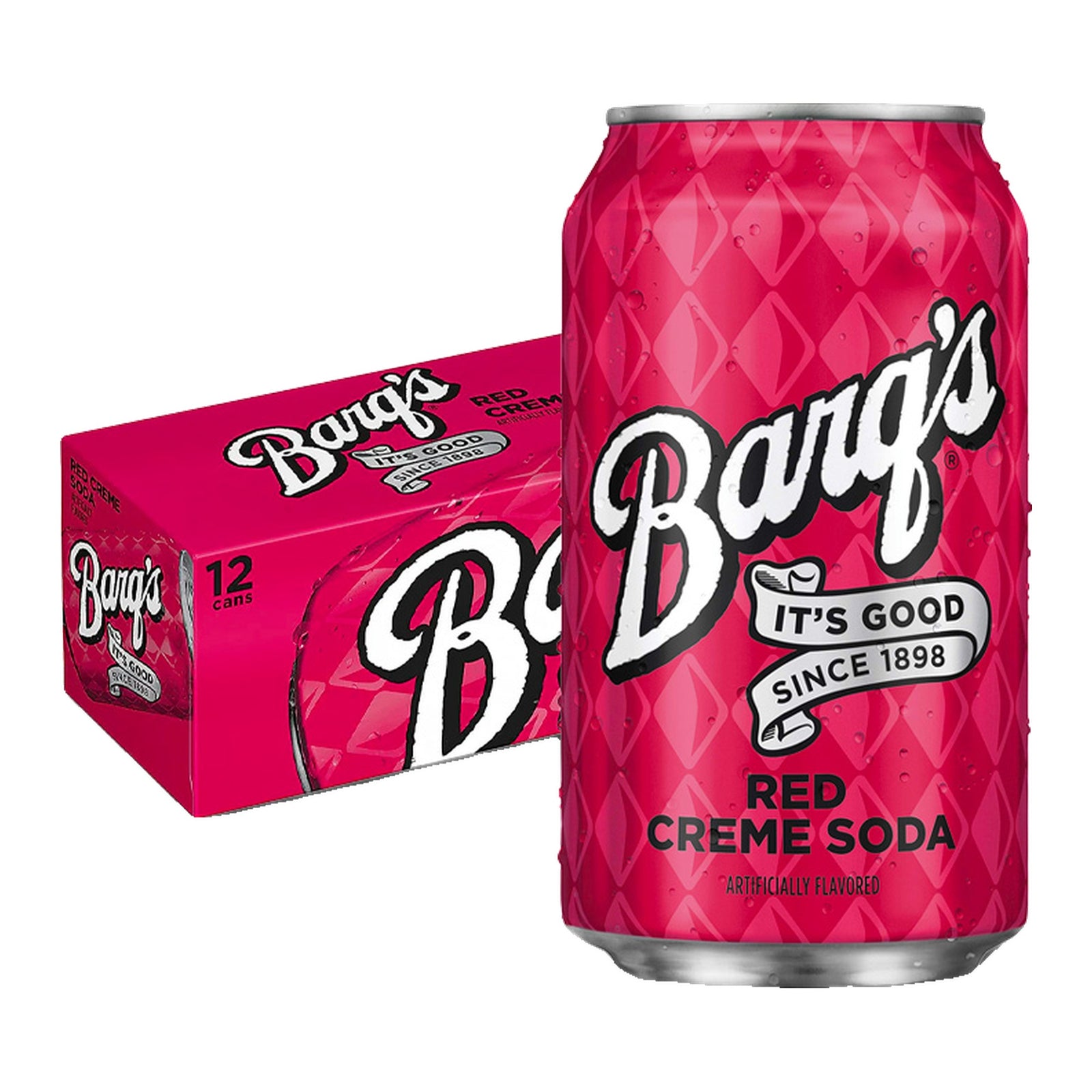 Barq's Red Creme Soda 12 oz can in front of a 12 pack box