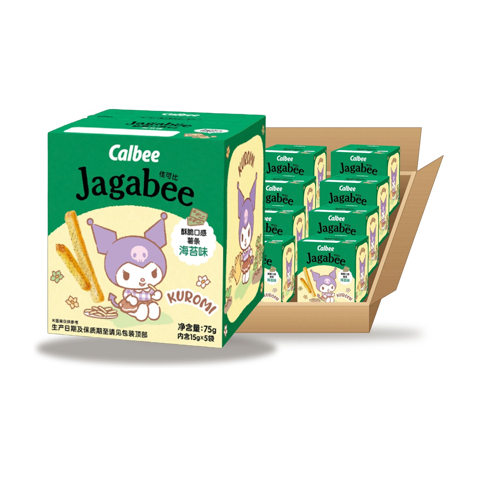 Calbee Jagabee Seaweed Flavored Fries (Sanrio Series) 75 g Case: one box in front of an open case