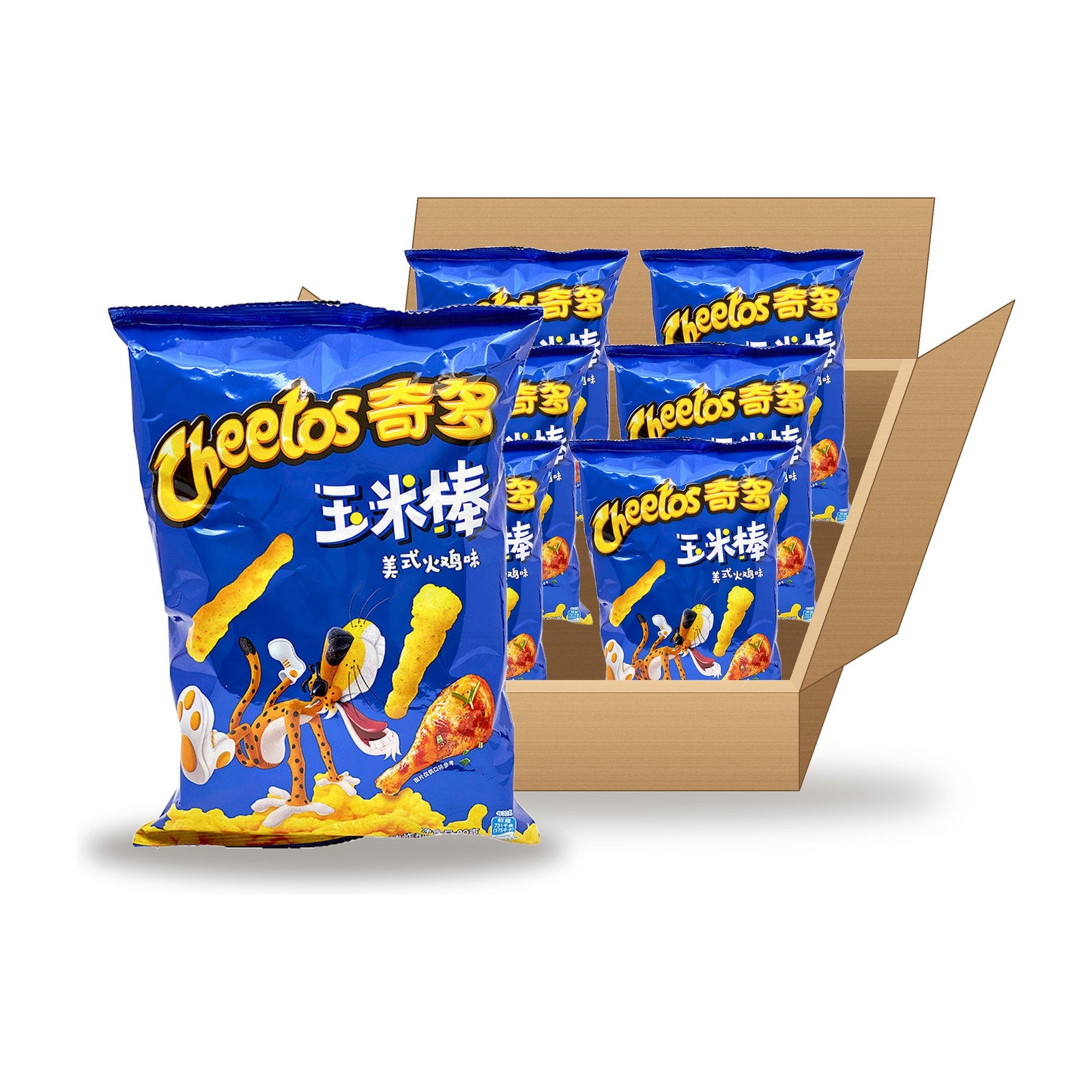 Cheetos Roasted Turkey 90 g Case: one bag in front of an open case