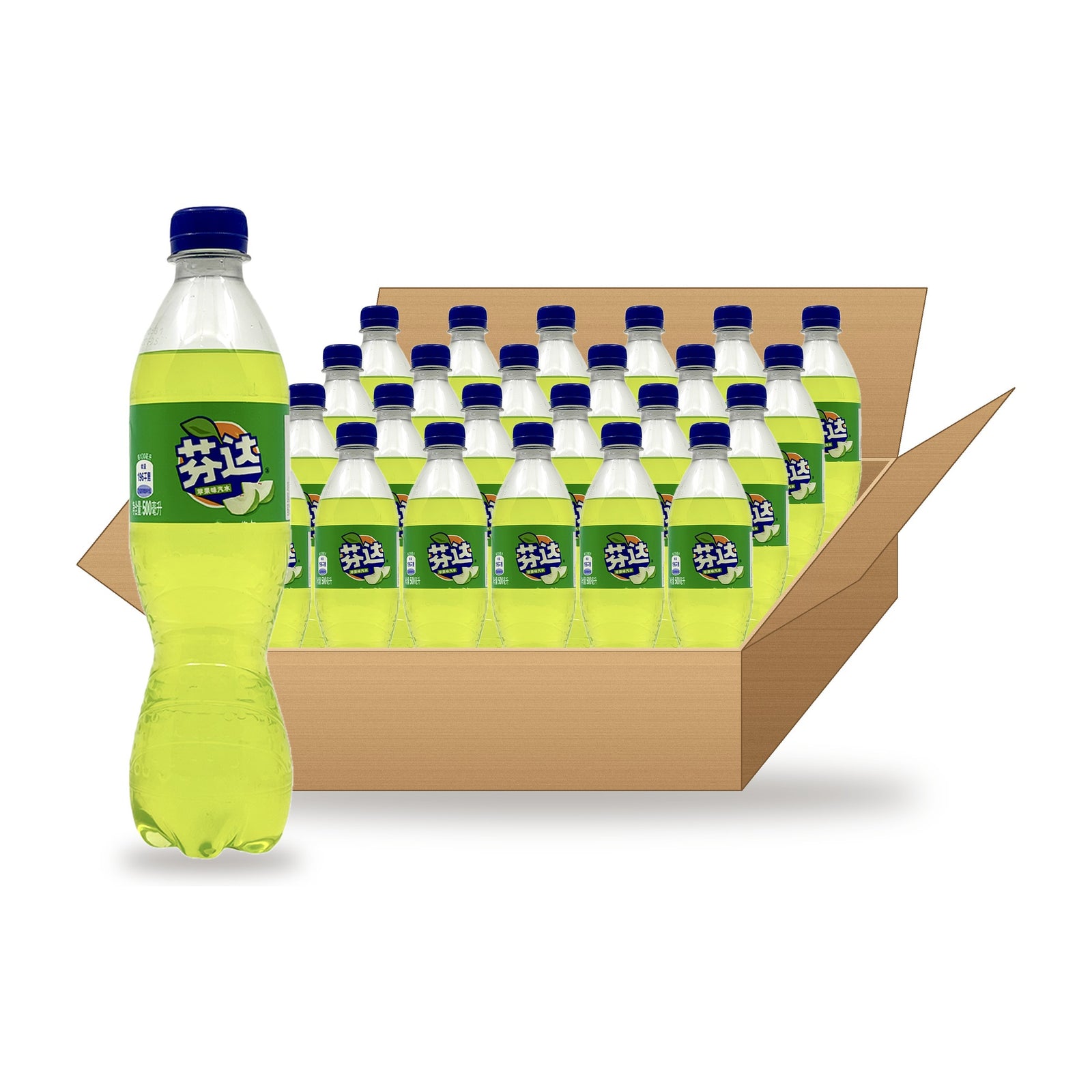 Fanta Green Apple 500 mL, 24 Pack: one plastic bottle in front of an open case