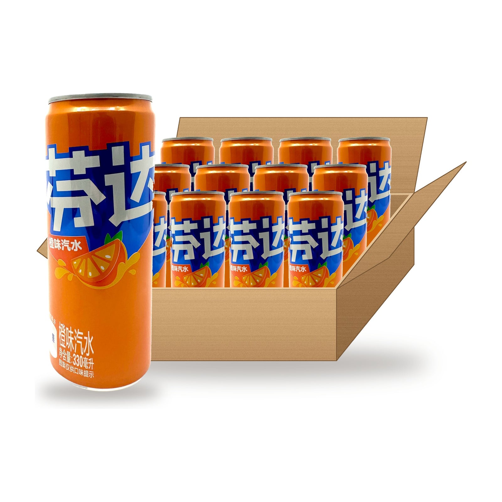 Fanta Orange China 330 mL Can Case: one can in front of an open case