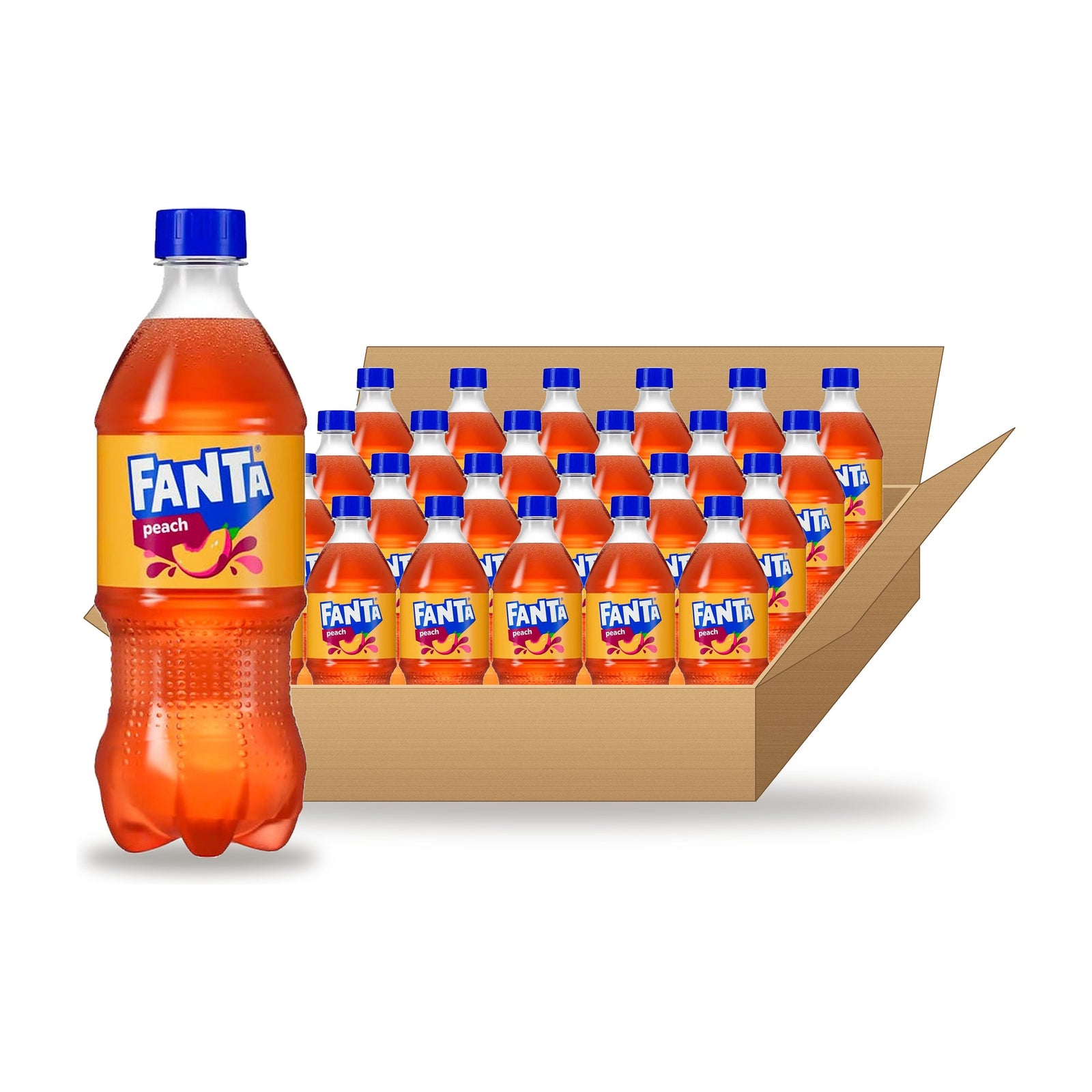Fanta Peach 20 oz, 24 Pack: one plastic bottle in front of an open case