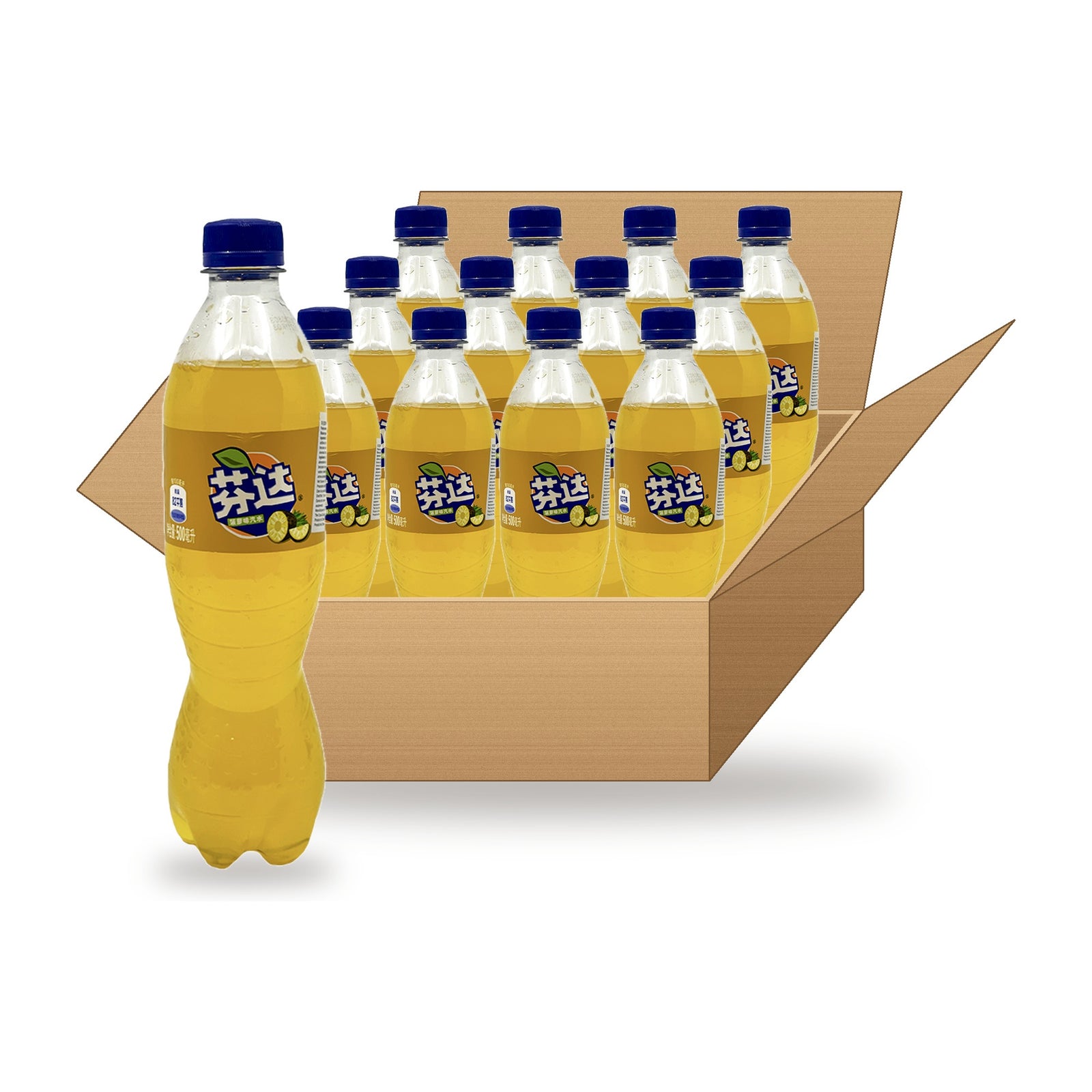 Fanta Pineapple 500 mL, 12 Pack: one plastic bottle in front of an open case