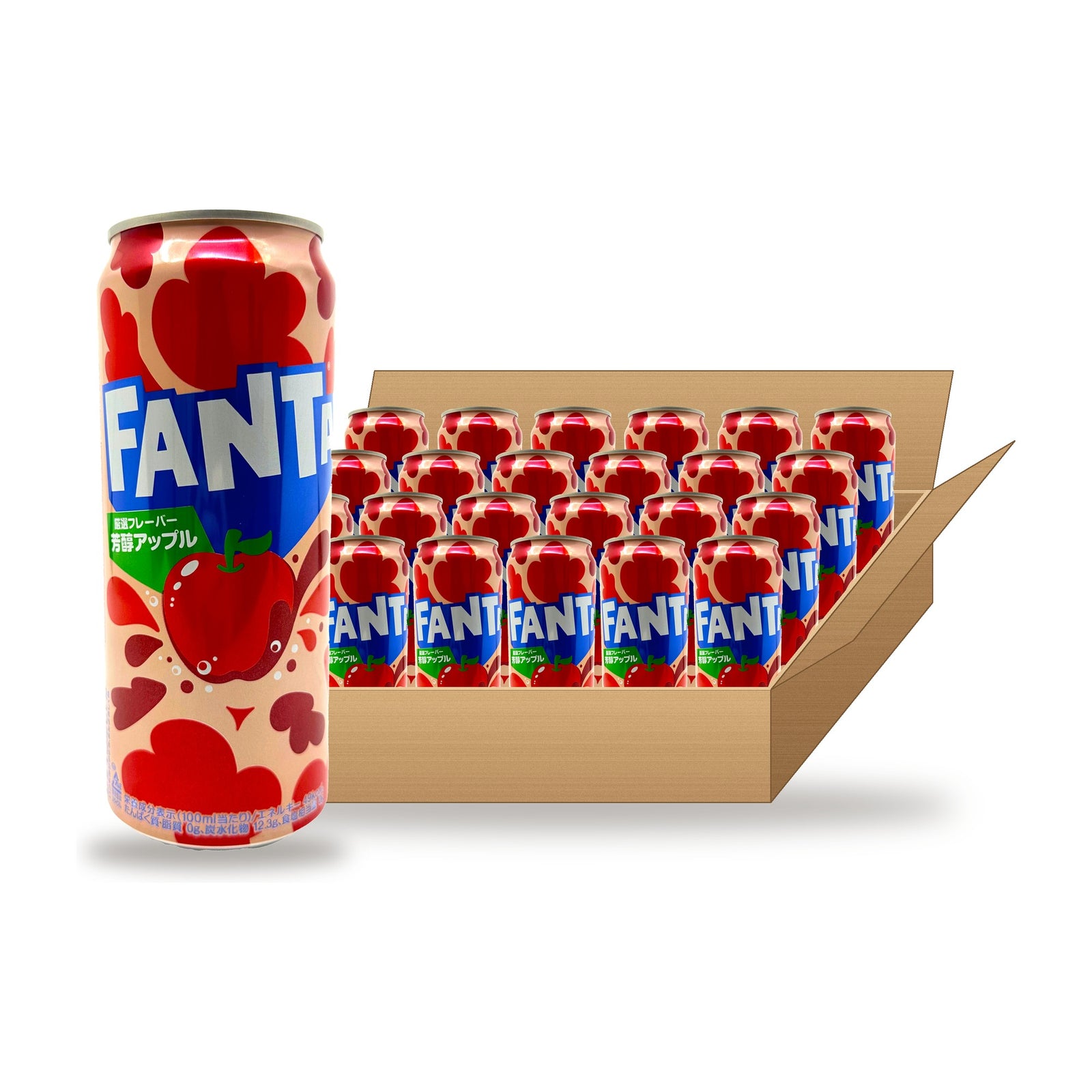 Fanta Red Apple 500 mL Can, 24 Pack: one can in front of an open case