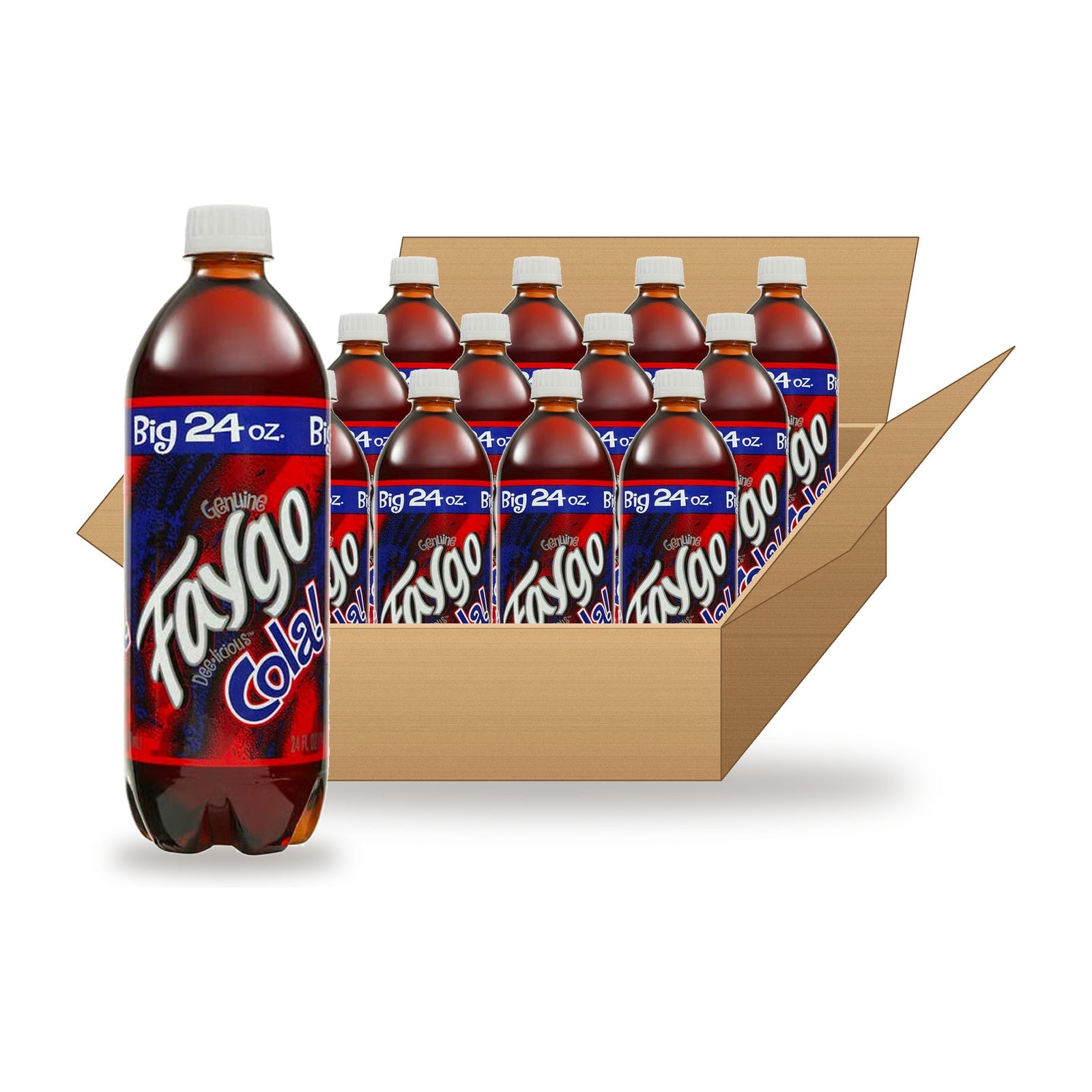 Faygo Cola 24 oz Case: one bottle in front of an open case