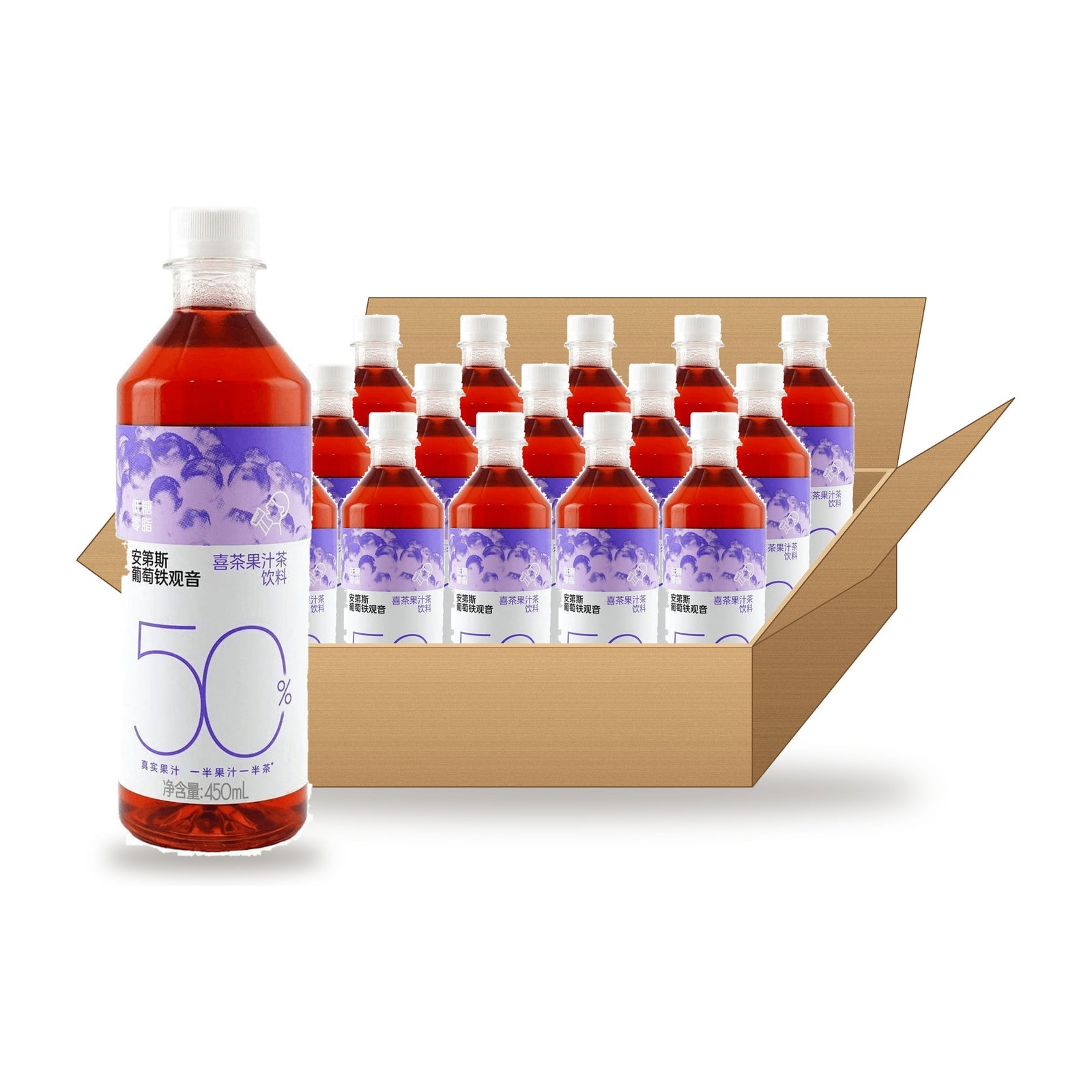 Heytea Grape 50% Tea 450 mL Case: one bottle in front of an open case