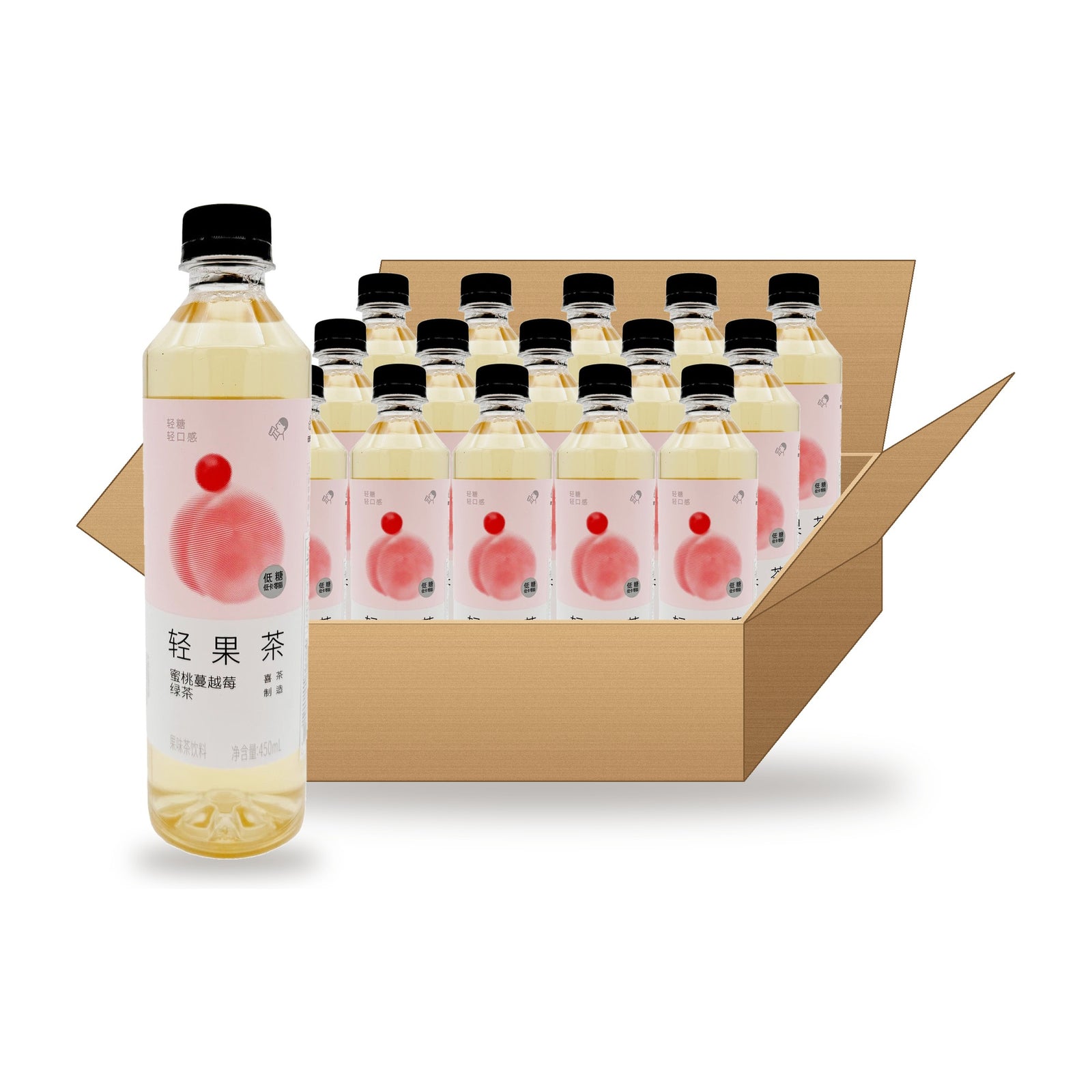 Heytea Peach & Cranberry Green Tea 450 mL Case: one bottle in front of an open case