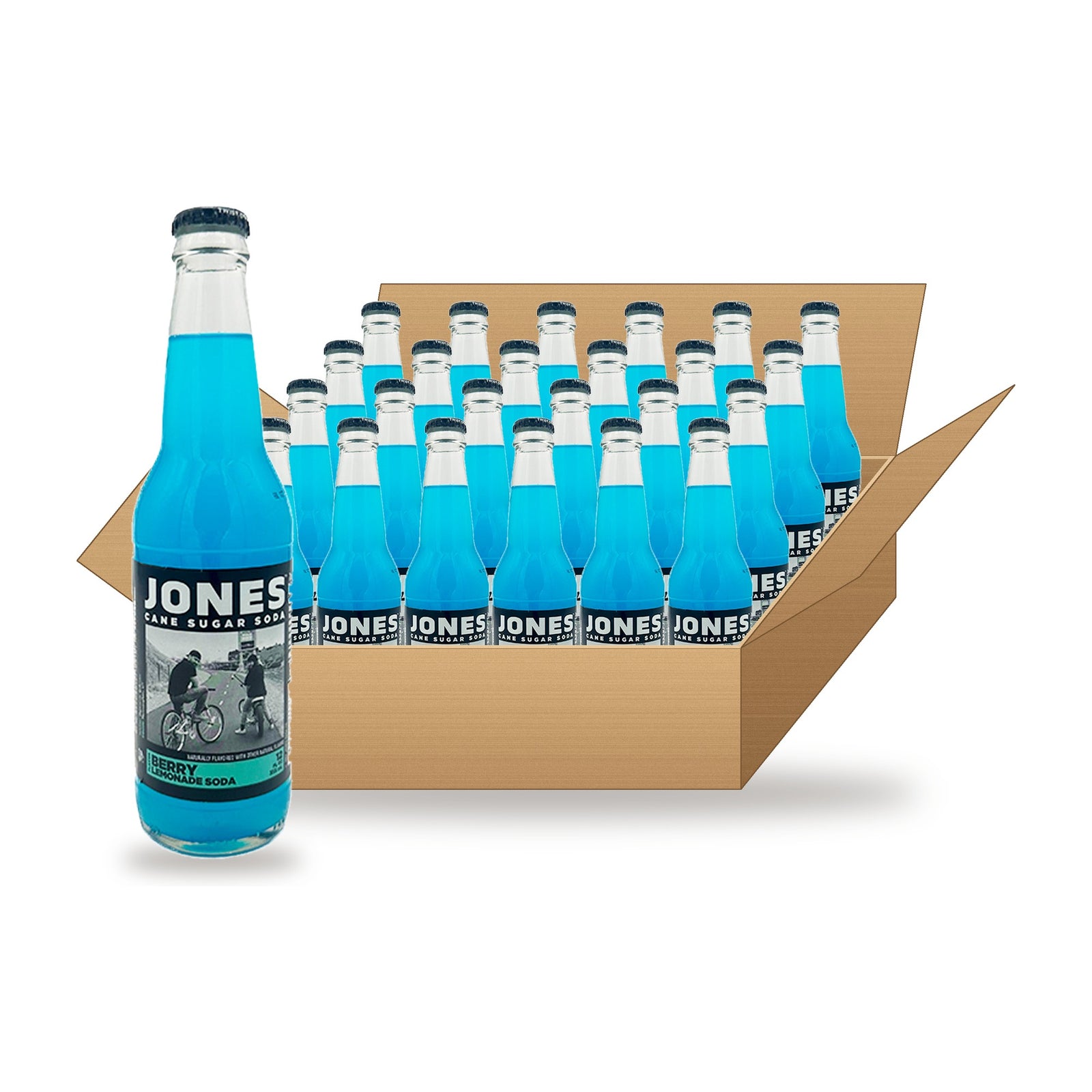 Jones Soda Berry Lemonade 12 oz, 24 Pack: one glass bottle in front of an open case