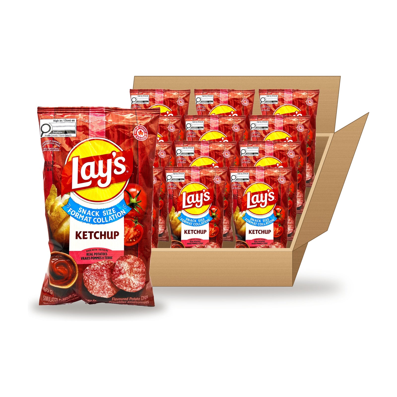 Lay's Ketchup 60 g Case: one bag in front of an open case