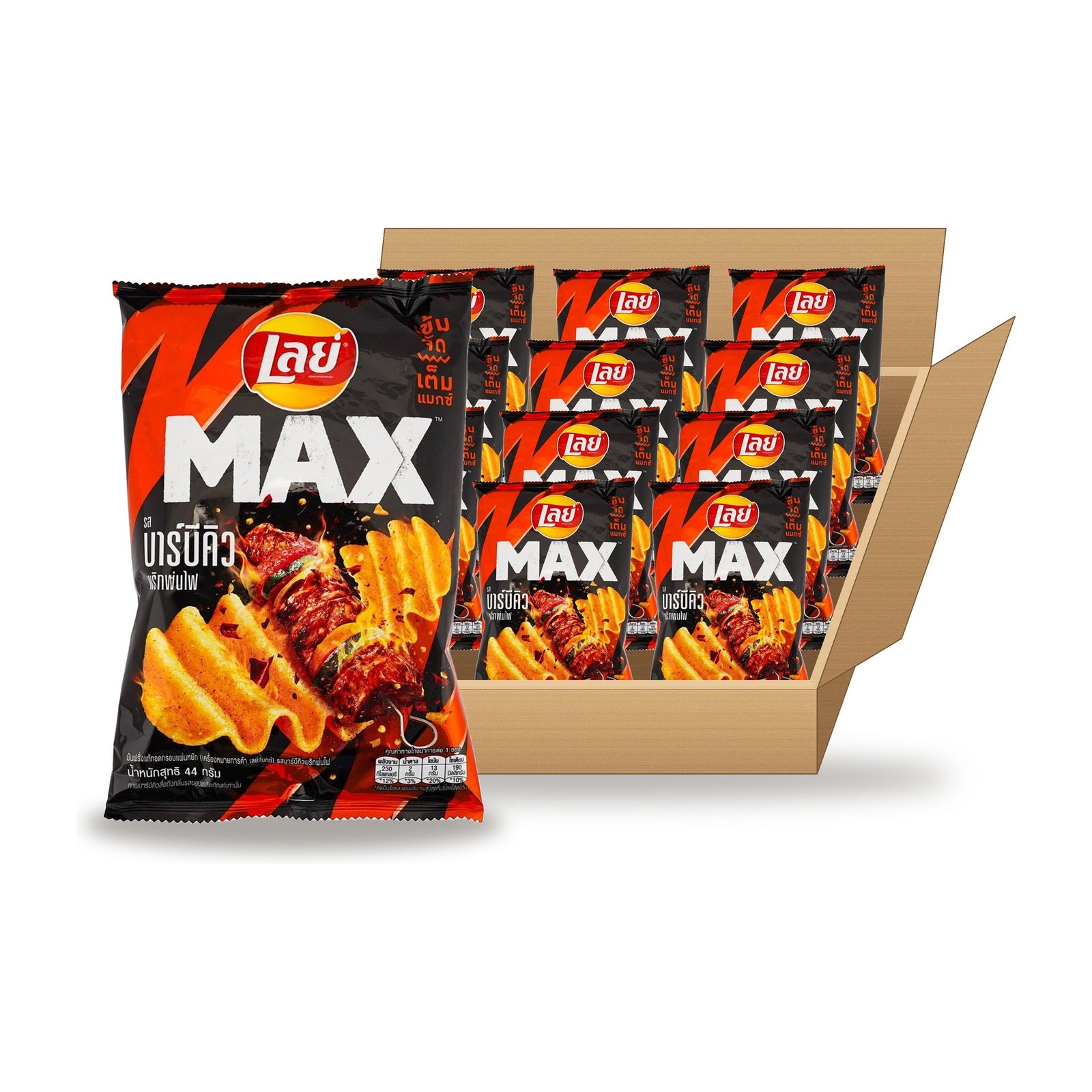 Lay's Max BBQ Chili 44 g Case: one bag in front of an open case