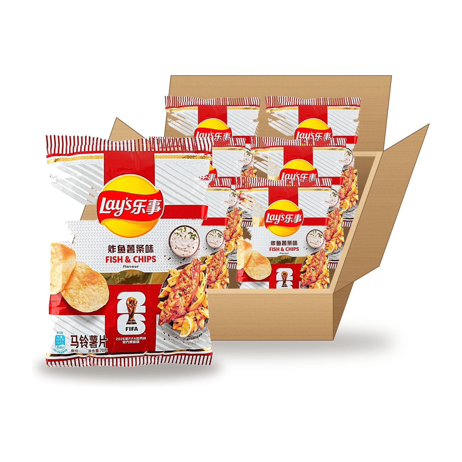 Lay's World Cup Unlimited England Fish & Chips 70 g Case: one bag in front of an open case
