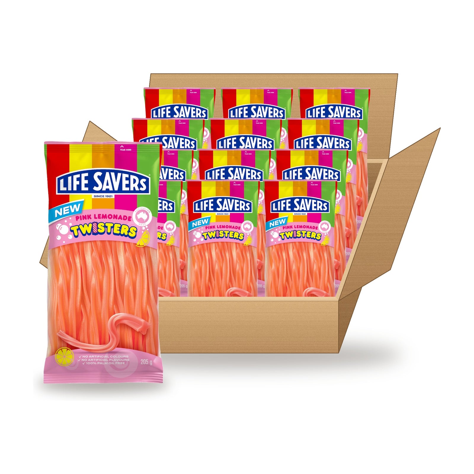 Life Savers Pink Lemonade Twisters 205 g Case: one bag in front of an open case