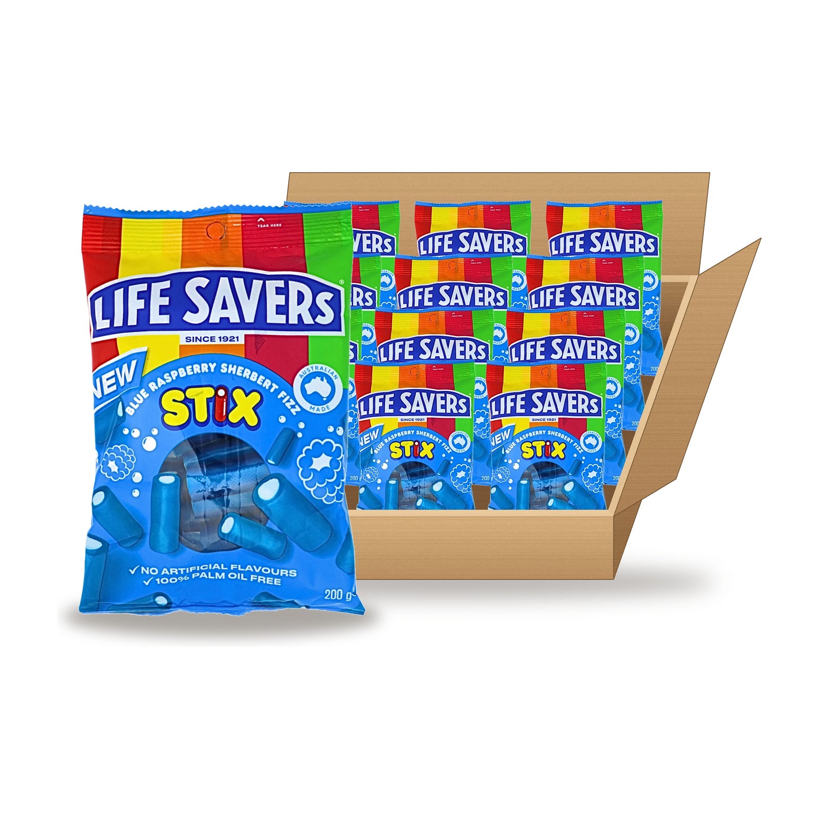 Life Savers Sherbert Fizz Stix Blue Raspberry 200 g Case: one bag in front of an open case