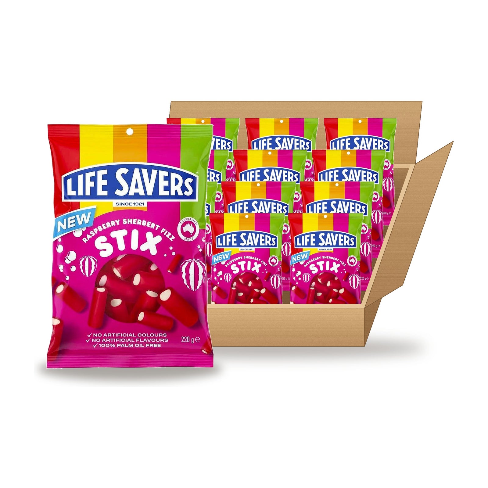 Life Savers Sherbert Fizz Stix Raspberry 200 g Case: one bag in front of an open case