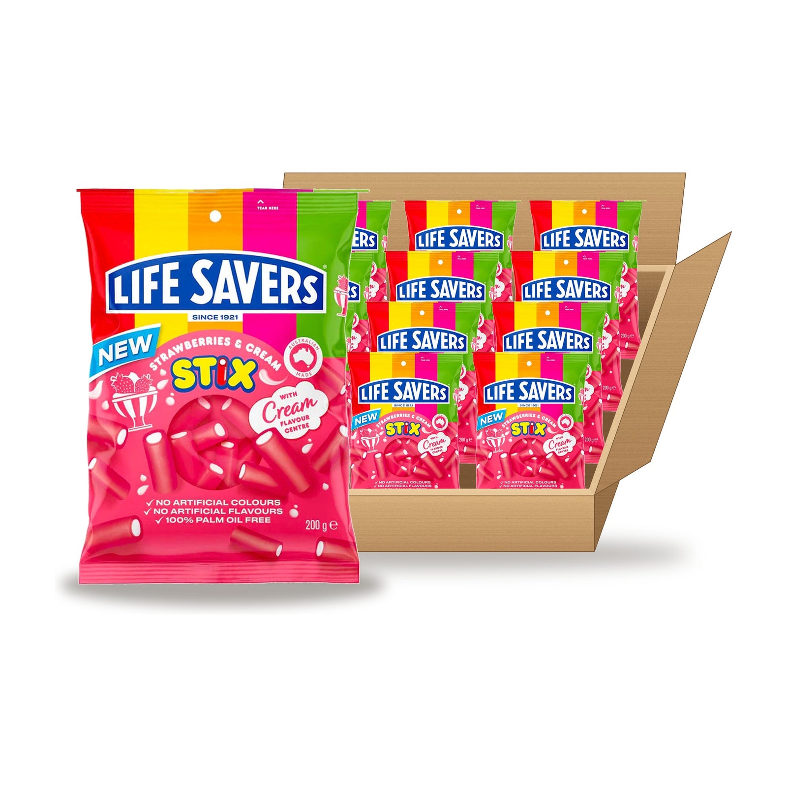 Life Savers Strawberries & Cream Stix 200 g Case: one bag in front of an open case