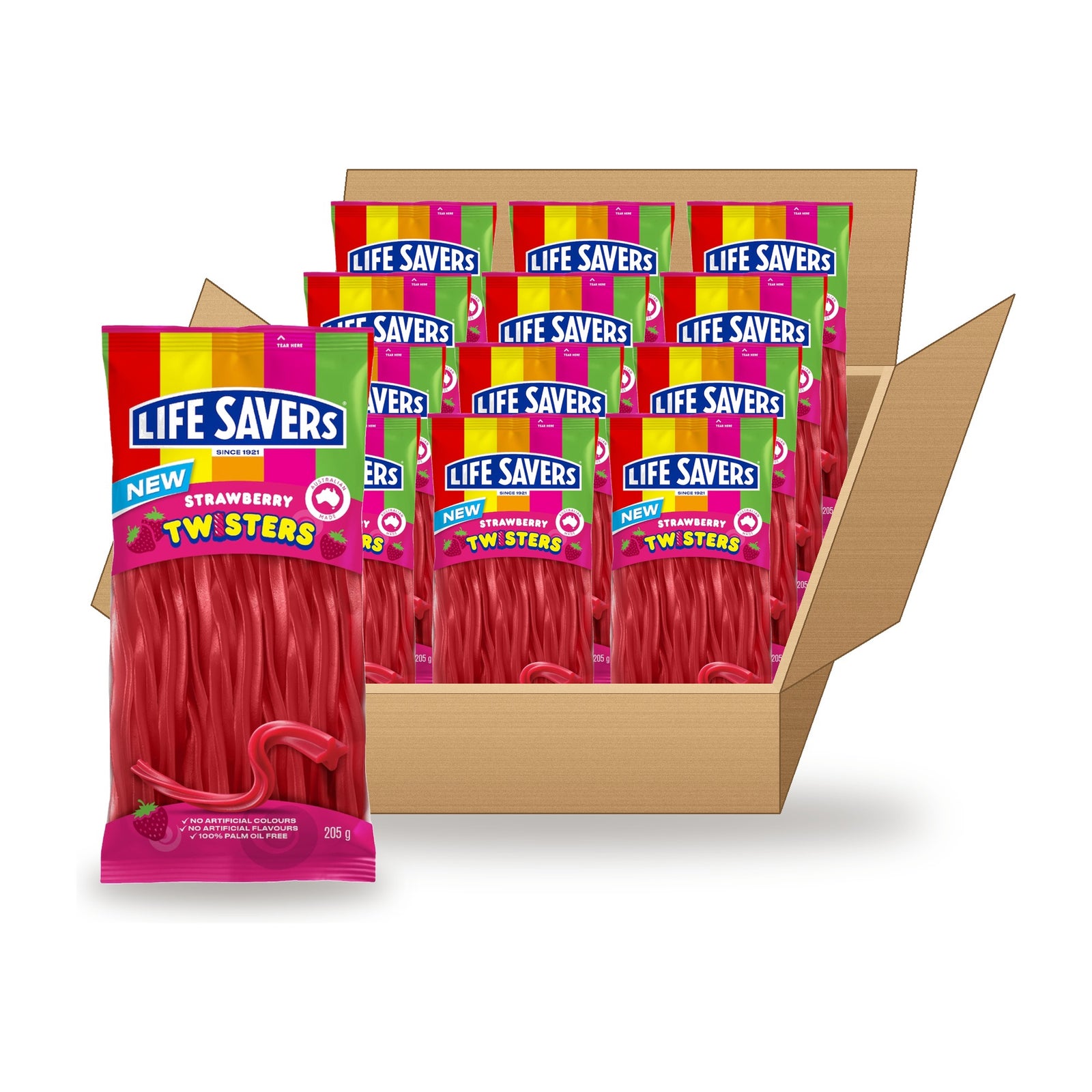 Life Savers Strawberry Twisters 205 g Case: one bag in front of an open case