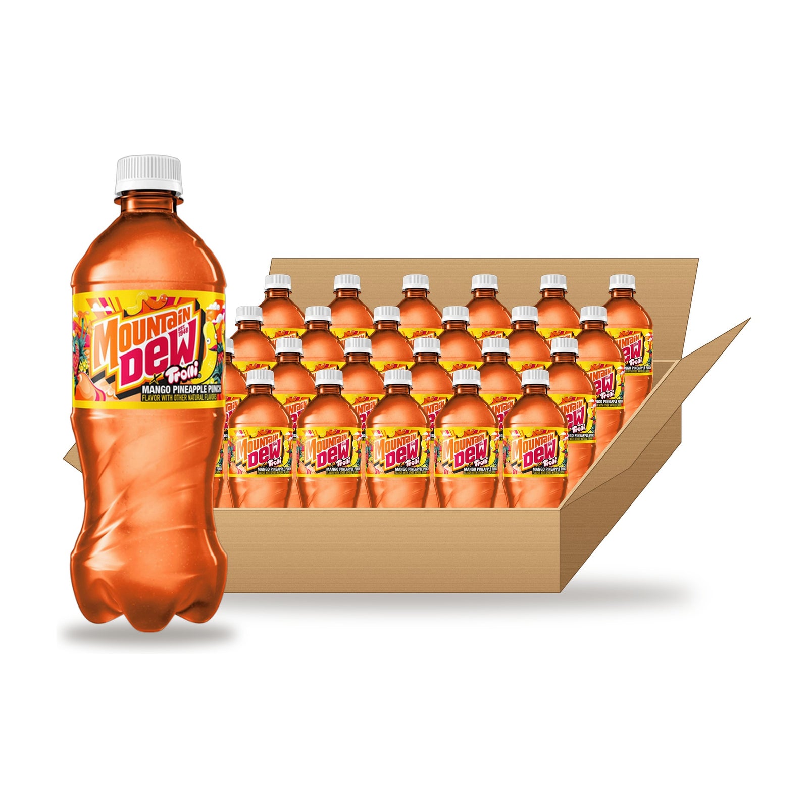Mountain Dew Trolli Mango Pineapple Punch 20 oz, 24 Pack: one bottle in front of an open case