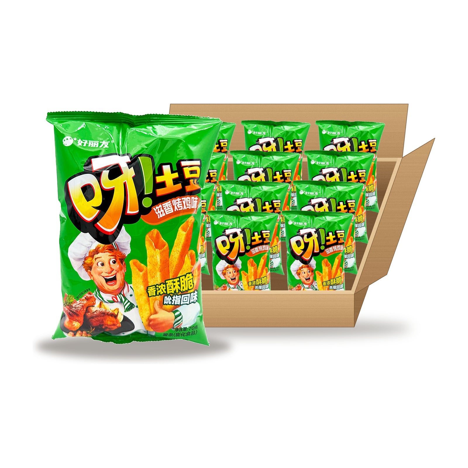 Orion Potato Sticks Grilled Chicken 70 g Case: one bag in front of an open case