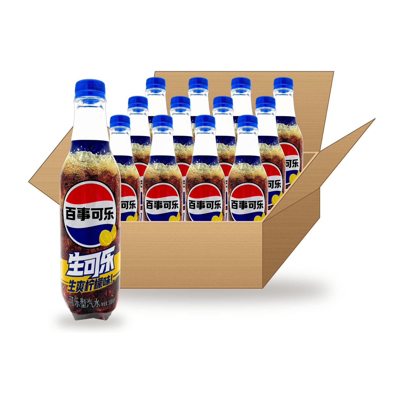 Pepsi Lemon Cola 500 mL, 12 Pack: one bottle in front of an open case