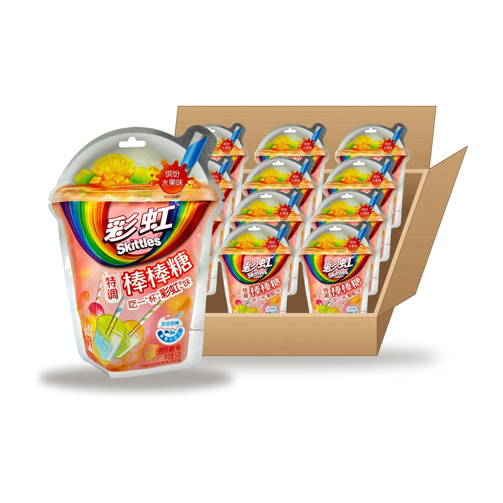 Skittles Fruit Lollipops 54 g Case: one pouch in front of an open case