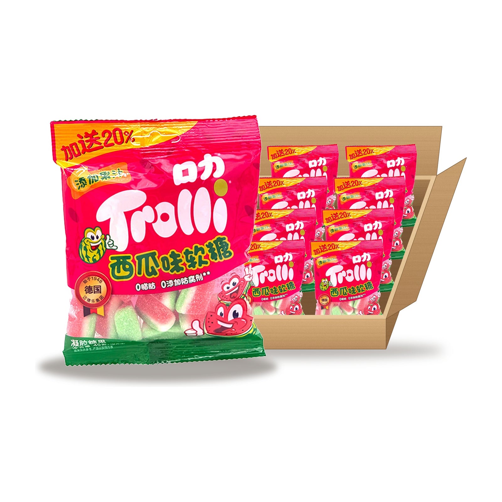Trolli Watermelon Gummies 45 g Case: one bag in front of an open case