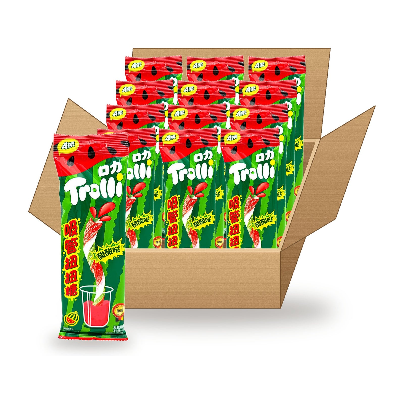 Trolli Watermelon Twisty Straws 40 g Case: one bag in front of an open case