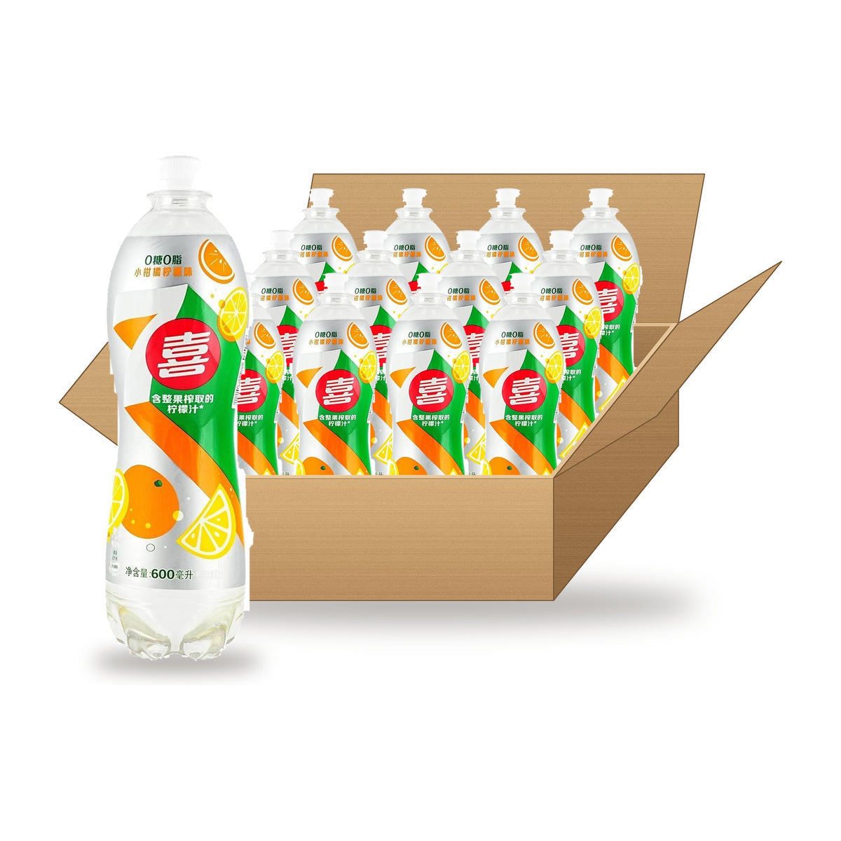 7up Citrus Lemon 600 mL, 12 Pack: one bottle in front of an open case