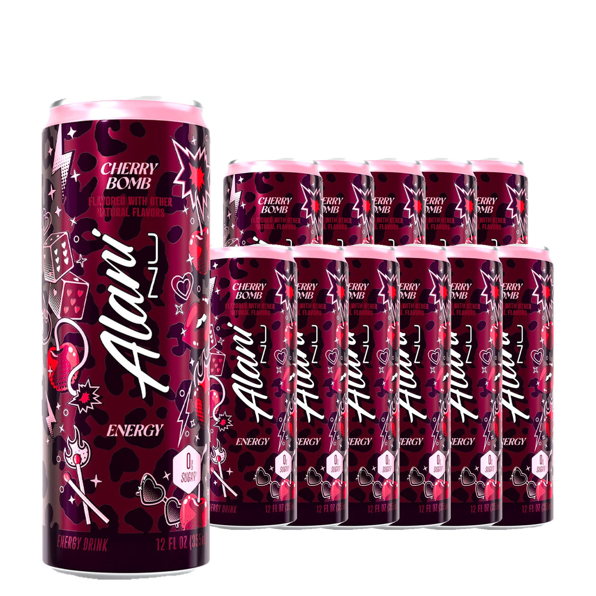 Alani Nu Energy Drink Cherry Bomb 12 oz case pack shot