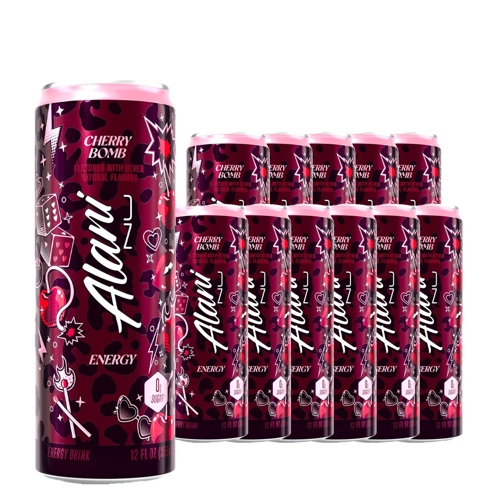 Alani Nu Energy Drink Cherry Bomb 12 oz case pack shot