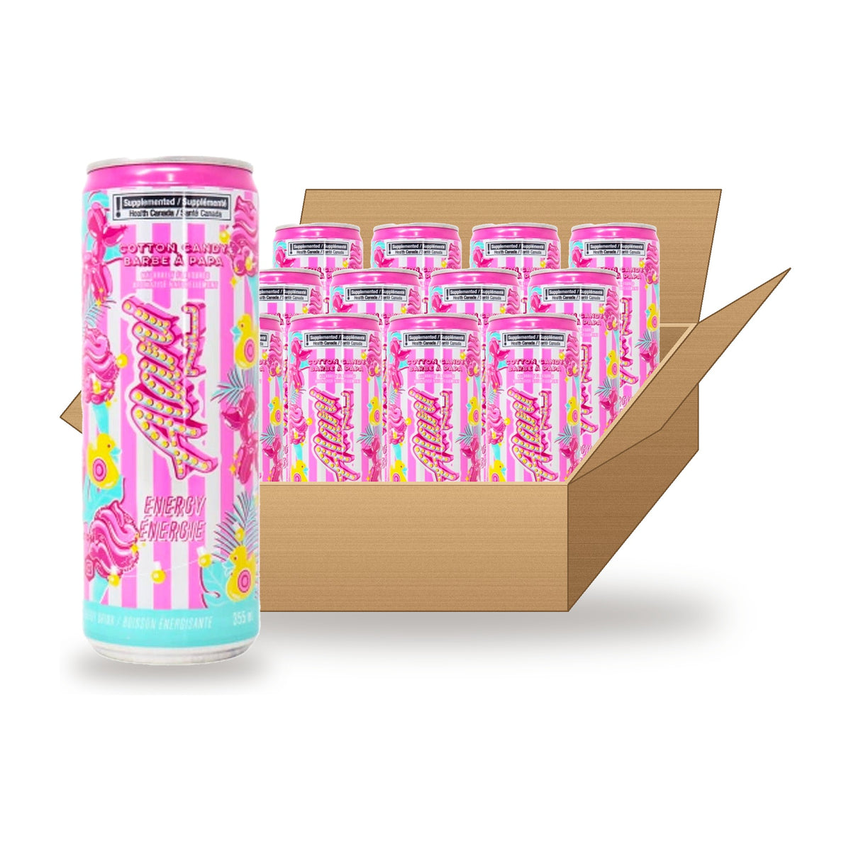 Alani Nu Energy Drink Cotton Candy 12 oz Case: one can in front of an open case