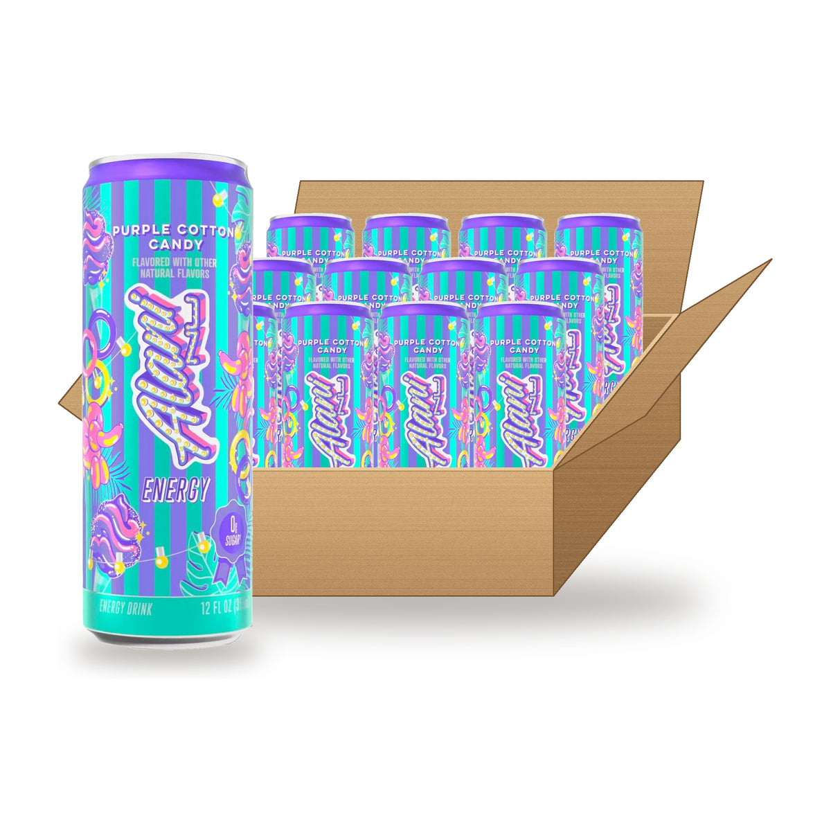 Alani Nu Energy Drink Purple Cotton Candy 12 oz Case: one can in front of an open case