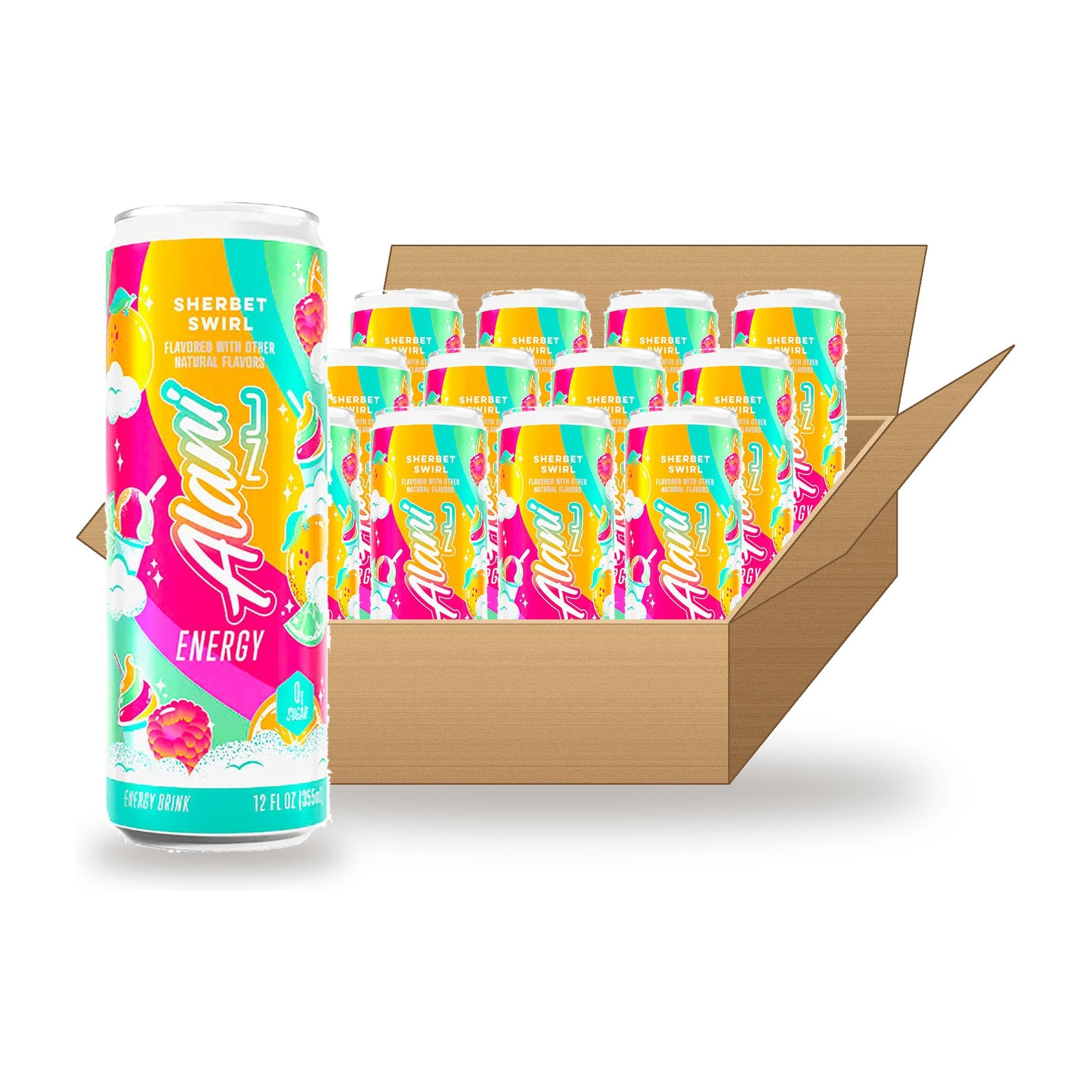 Alani Nu Energy Drink Sherbert Swirl 12 oz Case: one can in front of an open case