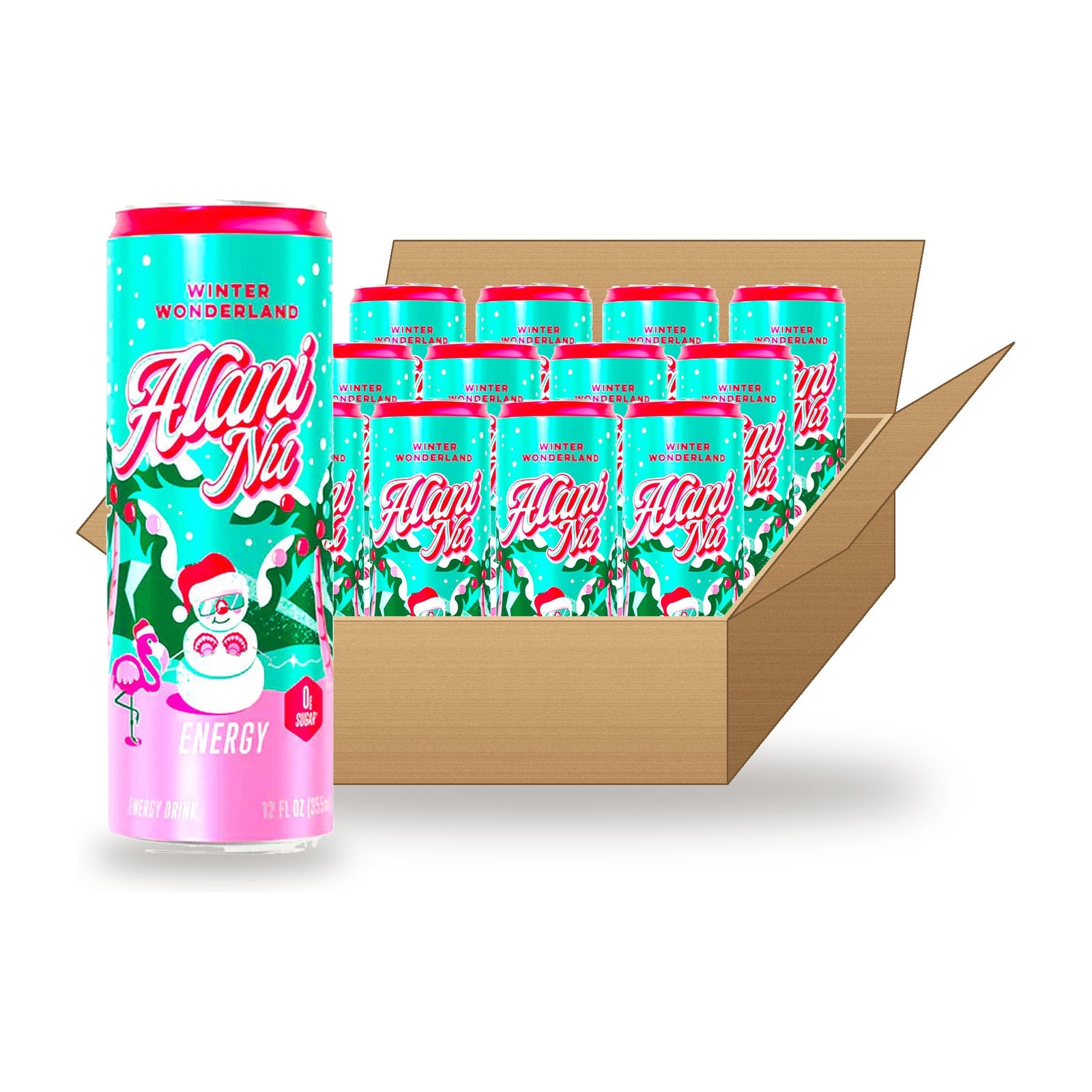 Alani Nu Energy Drink Winter Wonderland 12 oz Case: one can in front of an open case