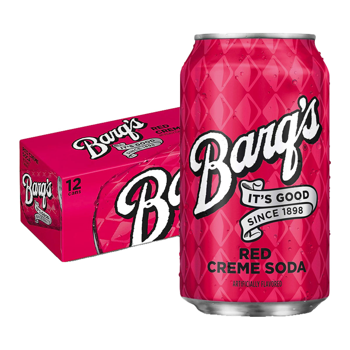 Barq's Red Creme Soda 12 oz can in front of a 12 pack box