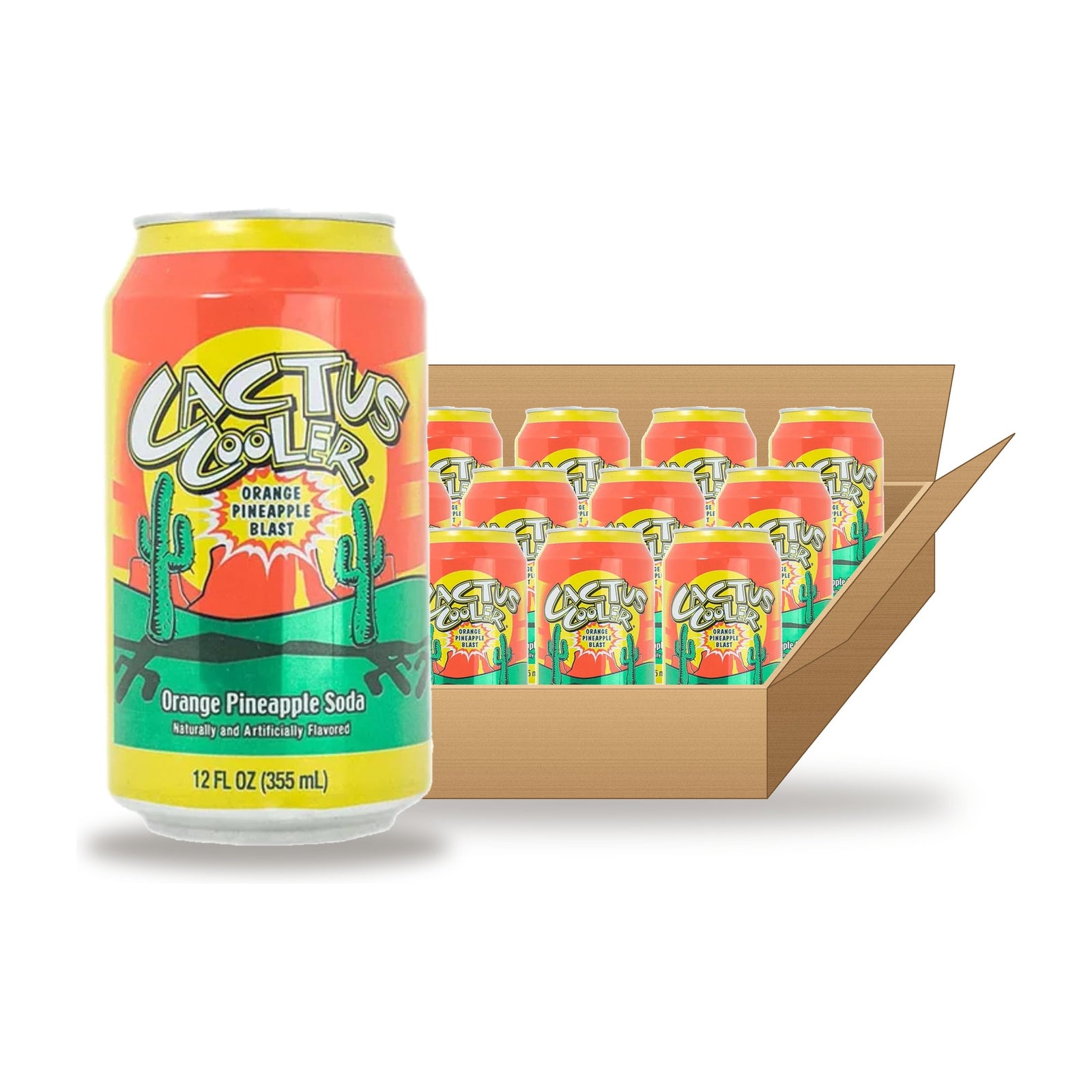 Cactus Cooler 12 oz Case: one can in front of an open case