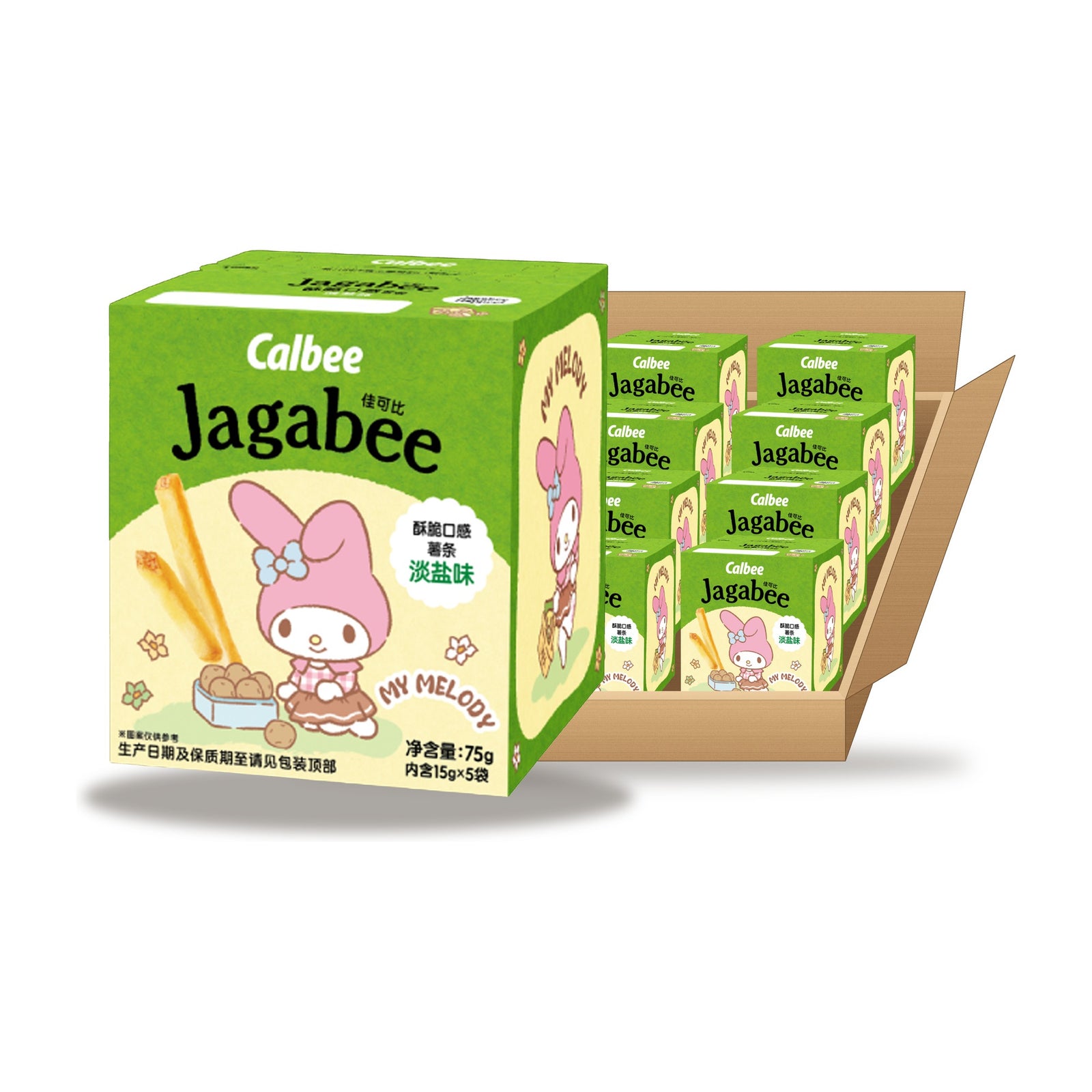 Calbee Jagabee Salted Fries (Sanrio Series) 75 g Case: one box in front of an open case