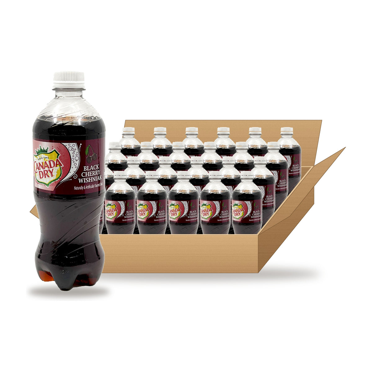 Canada Dry Black Cherry Wishniak 20 oz, 24 Pack: one bottle in front of an open case