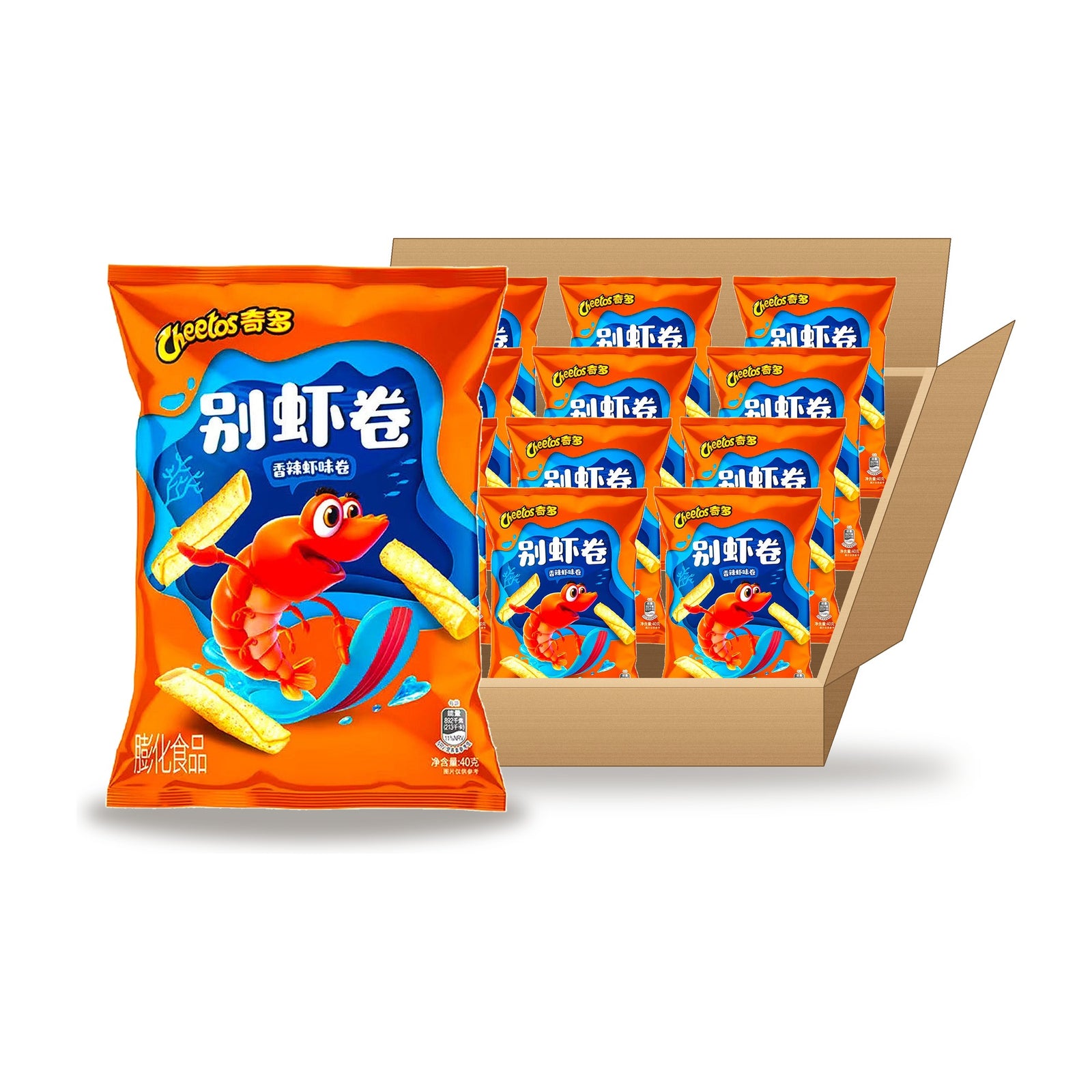 Cheetos Spicy Shrimp Rolls 70 g Case: one bag in front of an open case