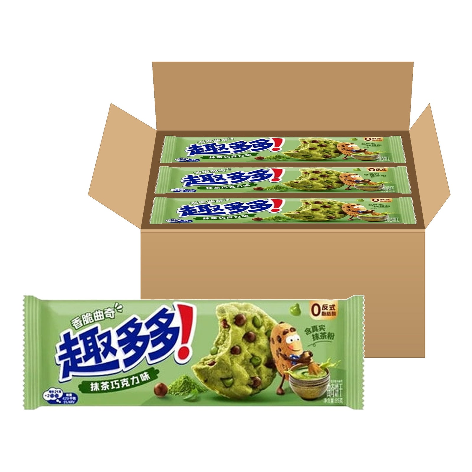 Chips Ahoy! Crispy Chocolate Matcha Cookies 85 g package in front of an open case of packages