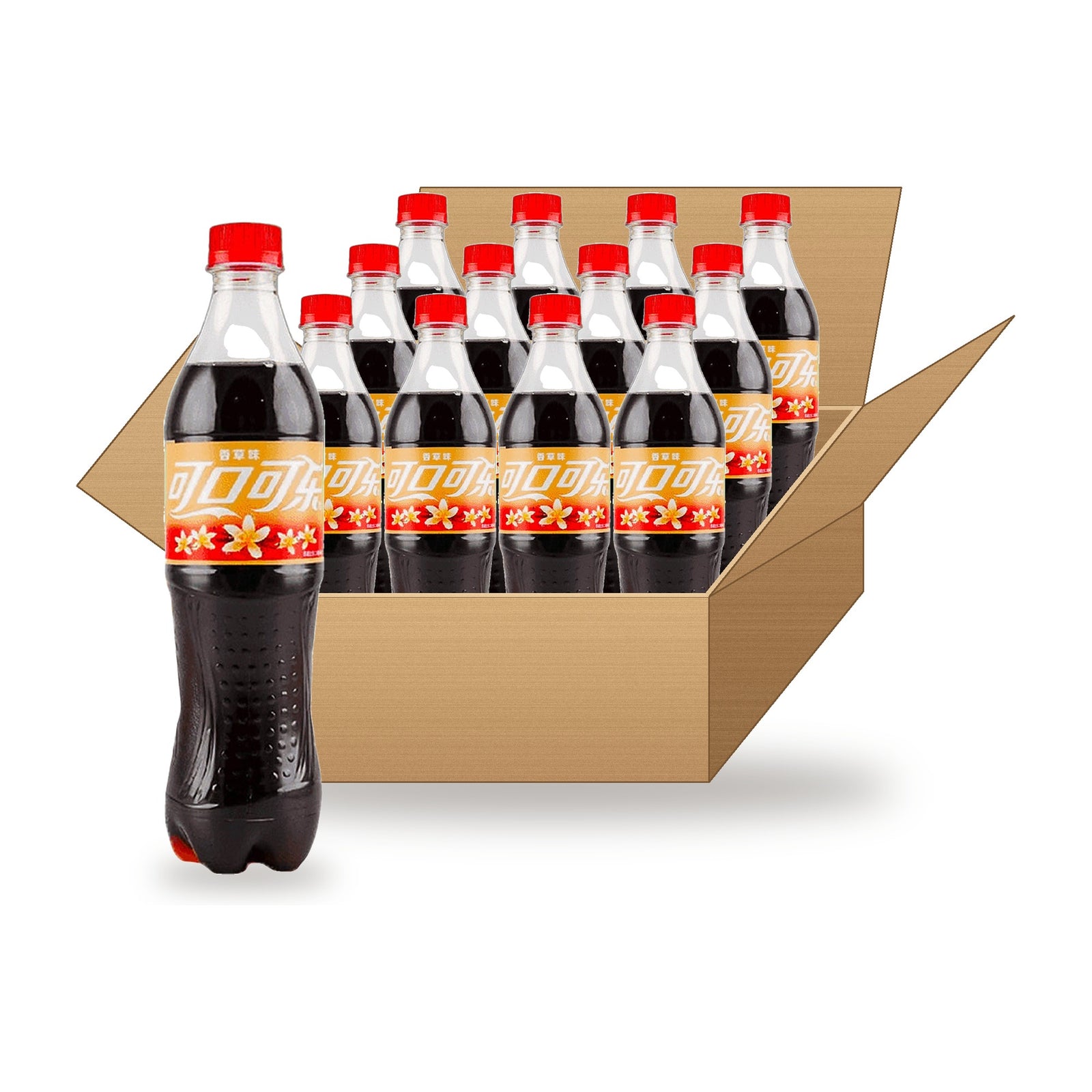 Coca-Cola Vanilla 500 mL, 12 Pack: one plastic bottle in front of an open case