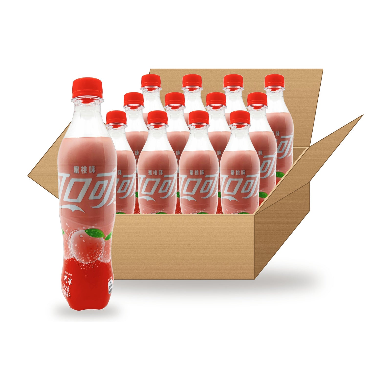 Coca-Cola White Peach 500 mL, 12 Pack: one plastic bottle in front of an open case