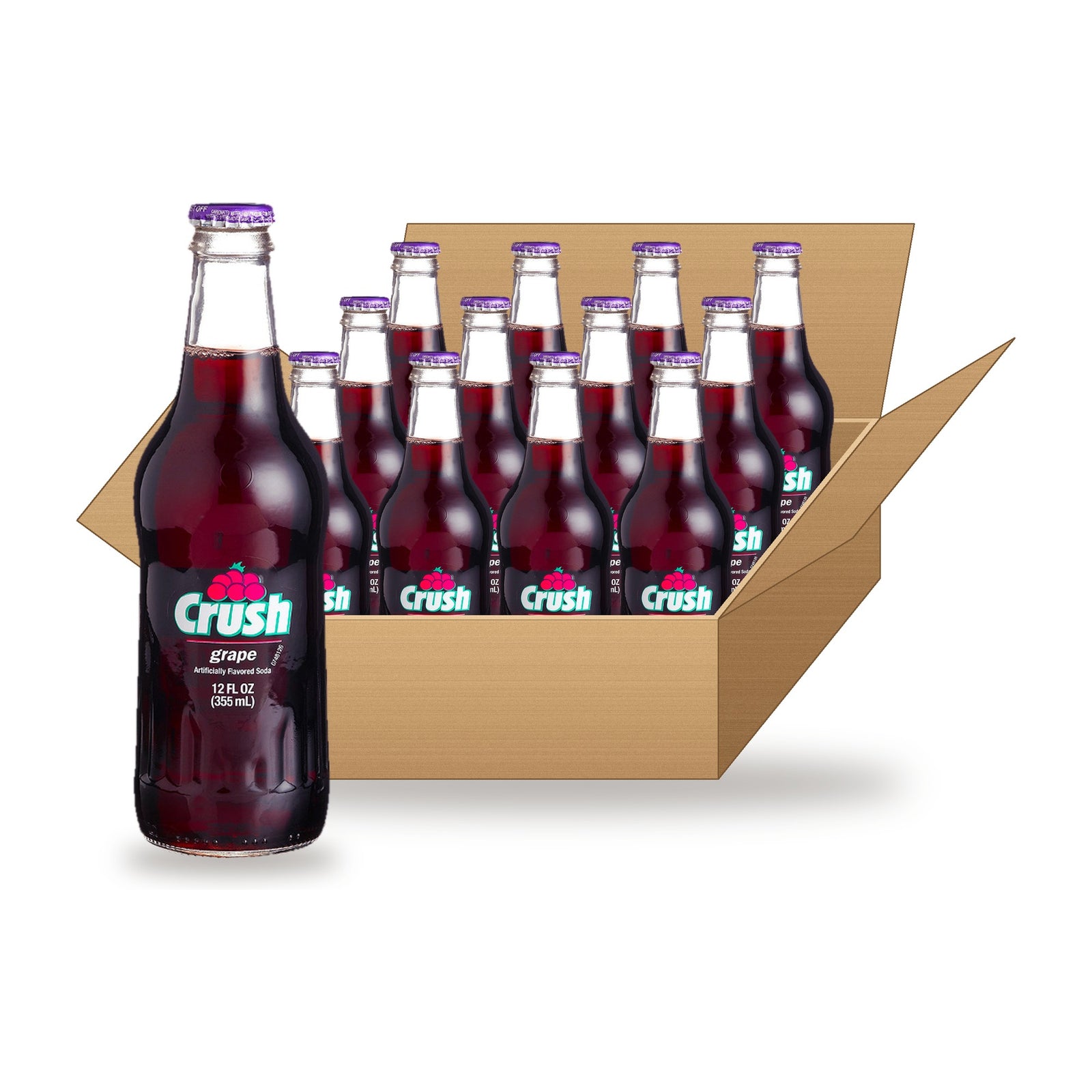 Crush Grape 12 oz Case: one glass bottle in front of an open case