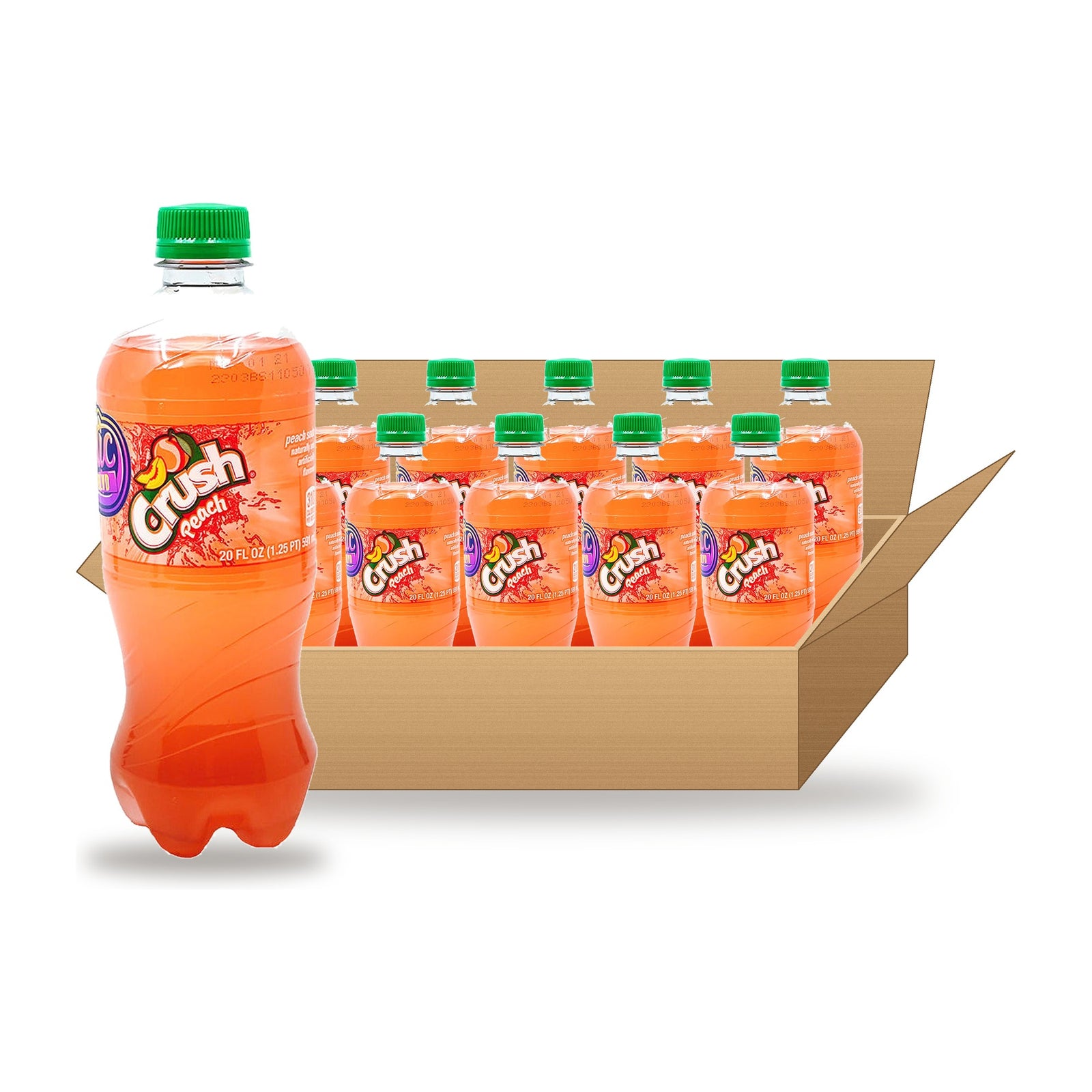 Crush Peach 20 oz, 10 Pack: one bottle in front of an open case