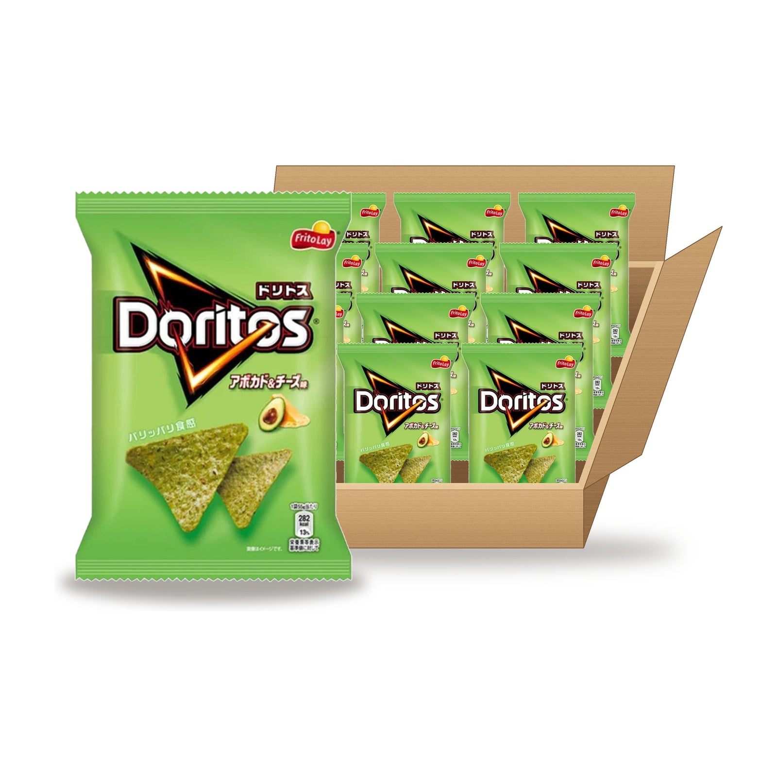 Doritos Avocado & Cheese 55 g Case: one bag in front of an open case