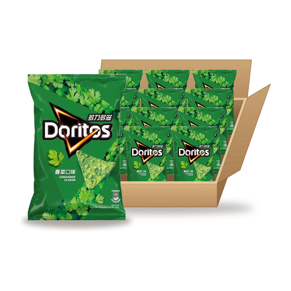 Doritos Cilantro 68 g Case: one bag in front of an open case