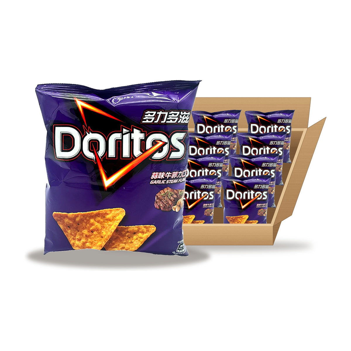Doritos Garlic Steak 40 g Case: one bag in front of an open case