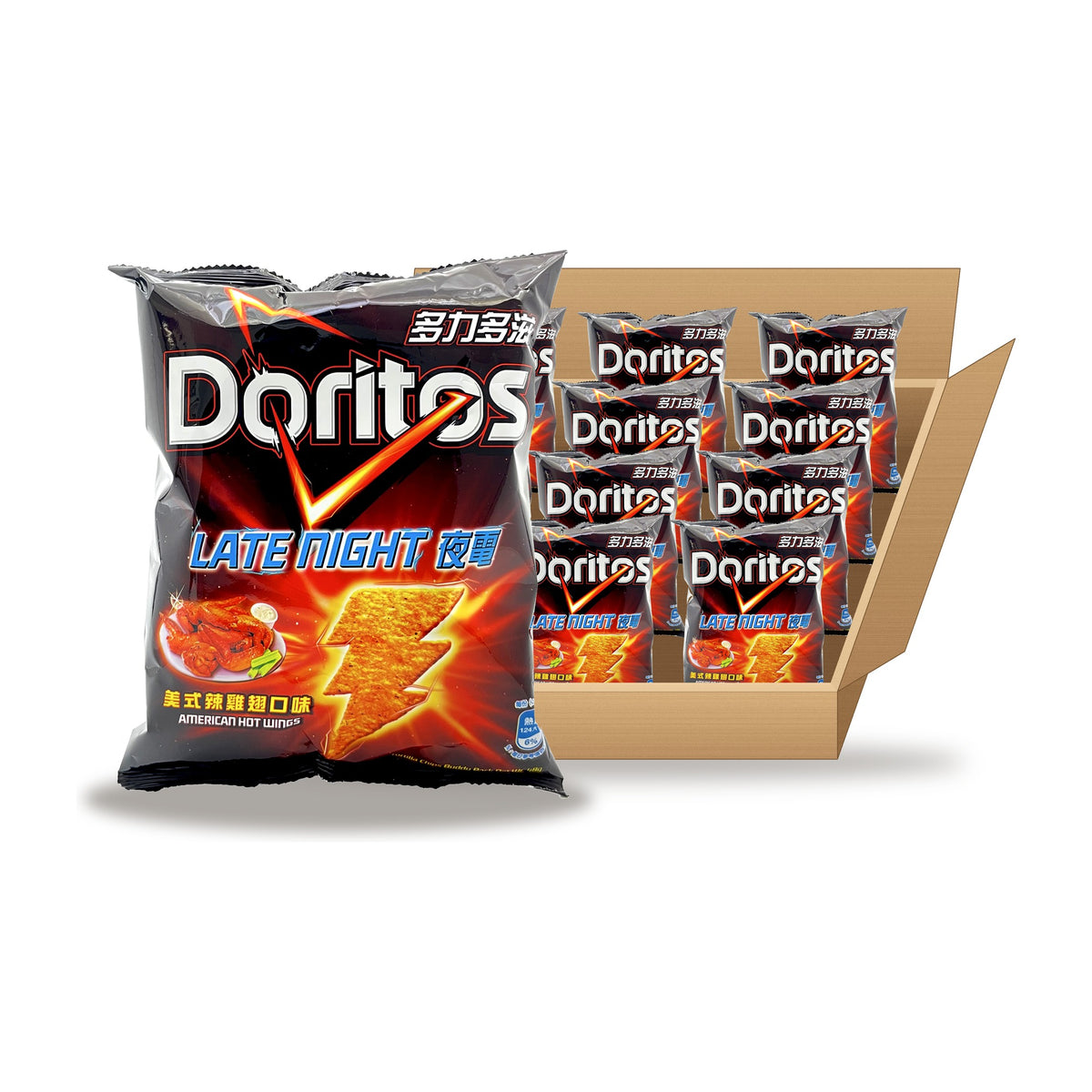 Doritos Late Night Hot Wing 40 g Case: one bag in front of an open case